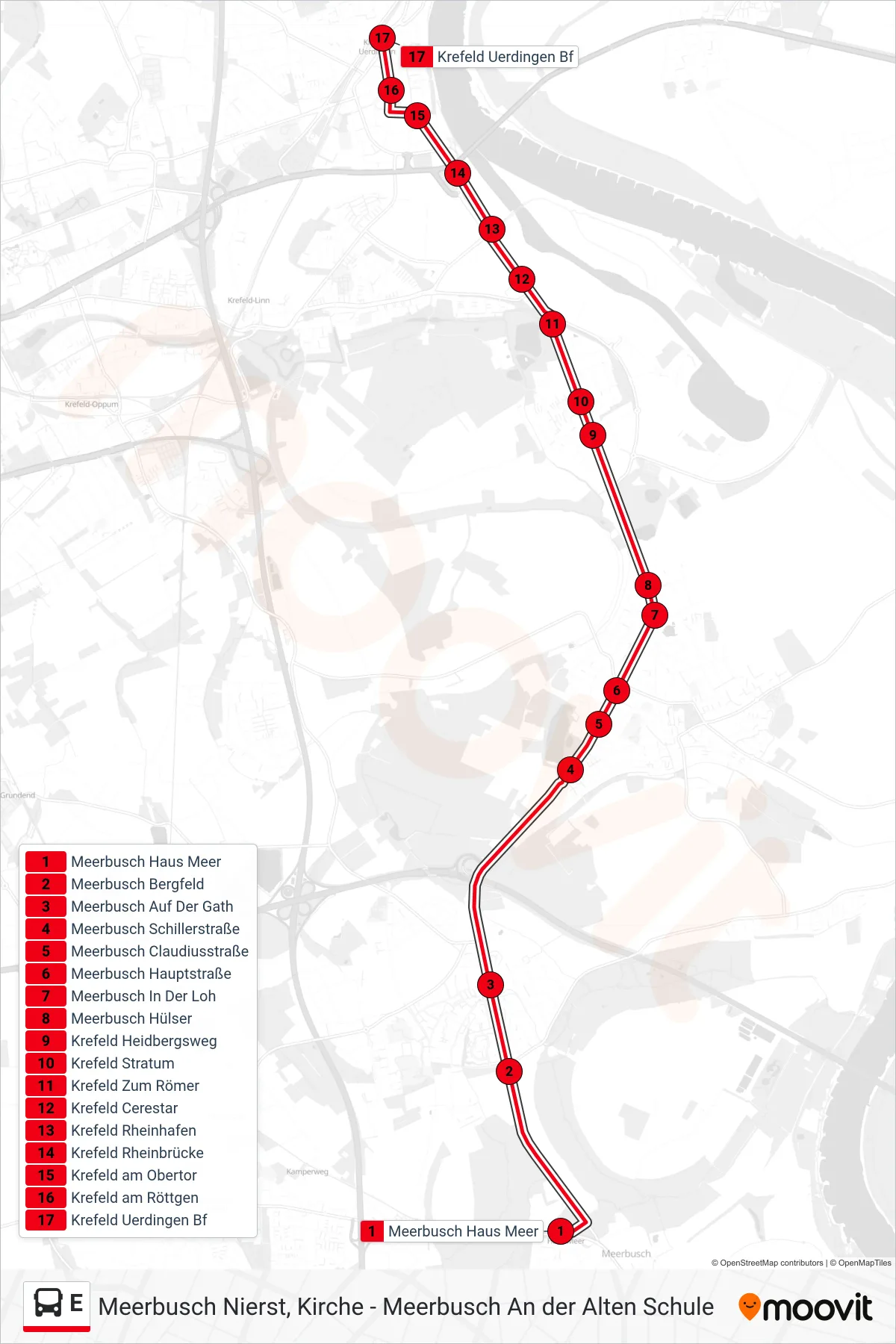 Linie E (Bus) Richtung Krefeld Uerdingen Bf: Route und Haltestellen auf der Karte
