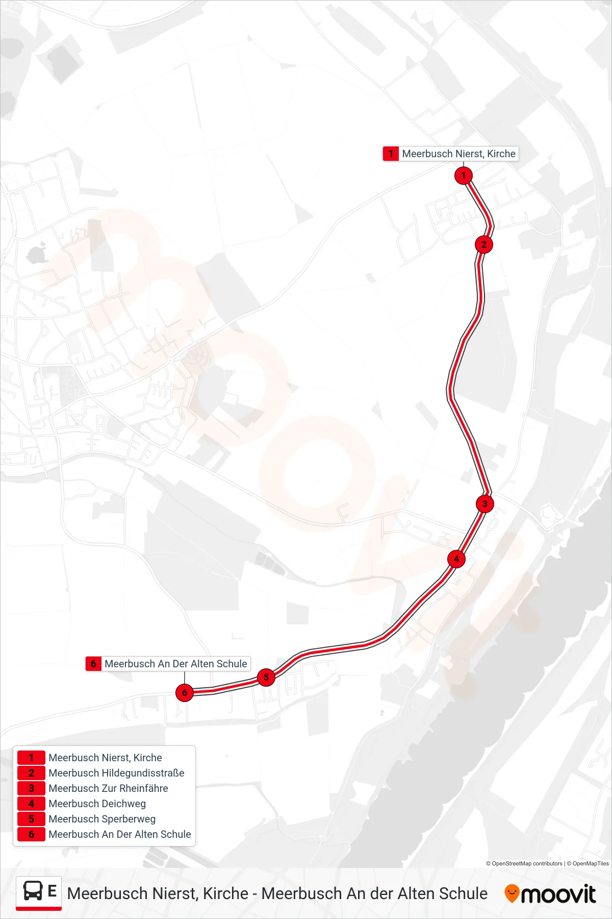 Linie E (Bus) Richtung Meerbusch An Der Alten Schule: Route und Haltestellen auf der Karte