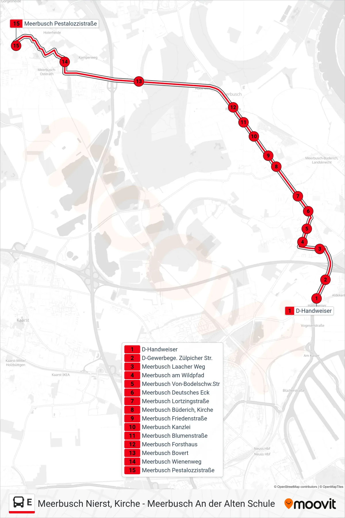 E bus Line (Meerbusch Pestalozzistraße) route and stops on a map