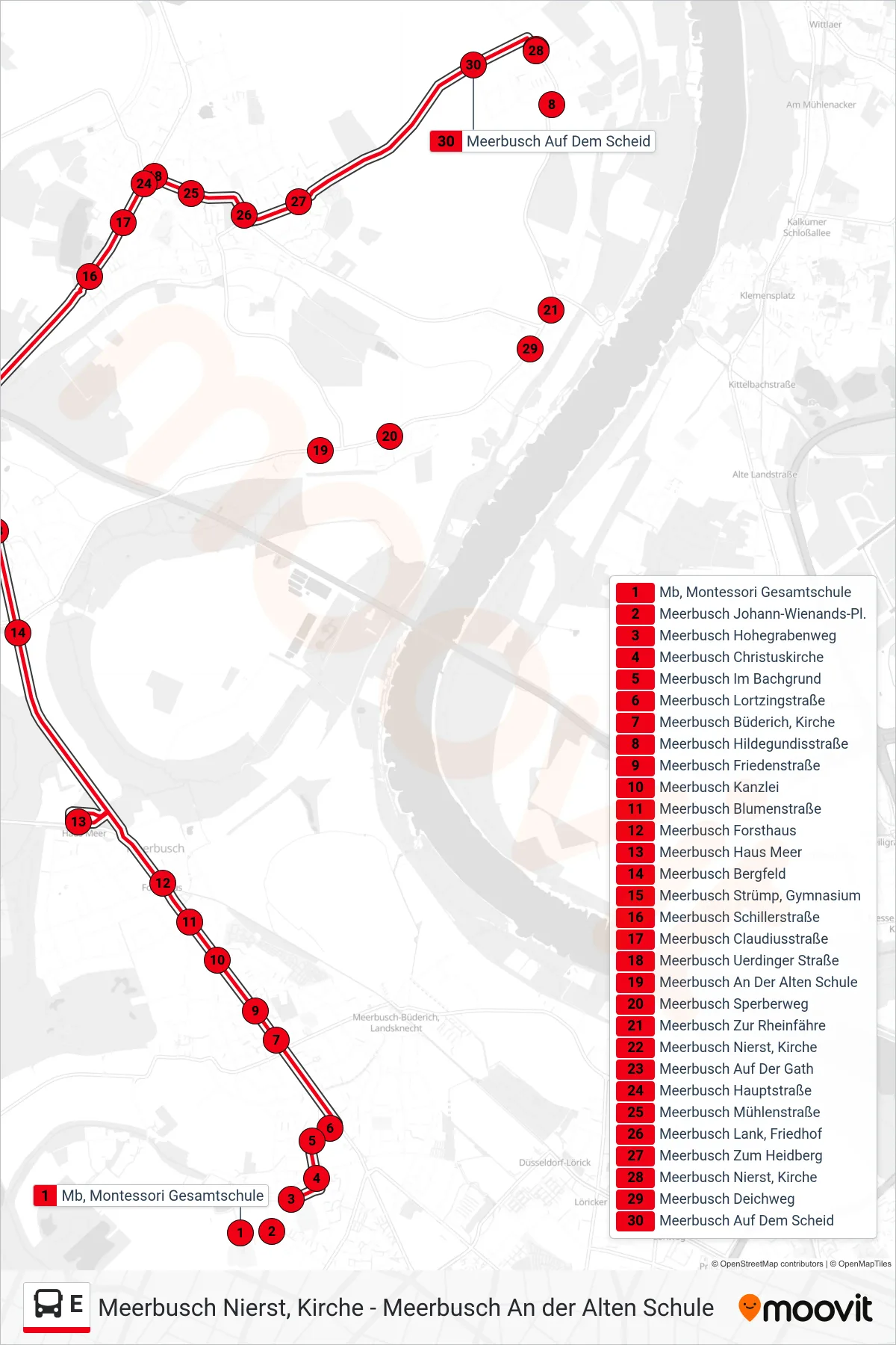 E bus Line (Meerbusch Nierst, Kirche) route and stops on a map
