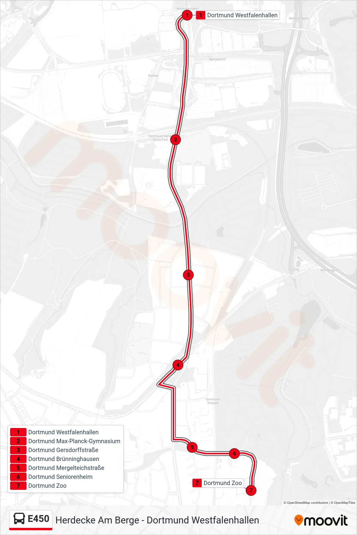 Linie E450 (Bus) Richtung Dortmund Zoo: Route und Haltestellen auf der Karte