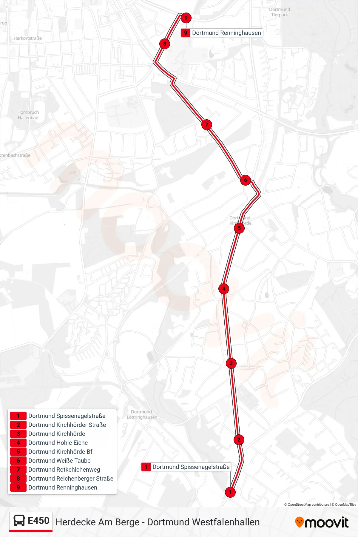 Linie E450 (Bus) Richtung Dortmund Renninghausen: Route und Haltestellen auf der Karte