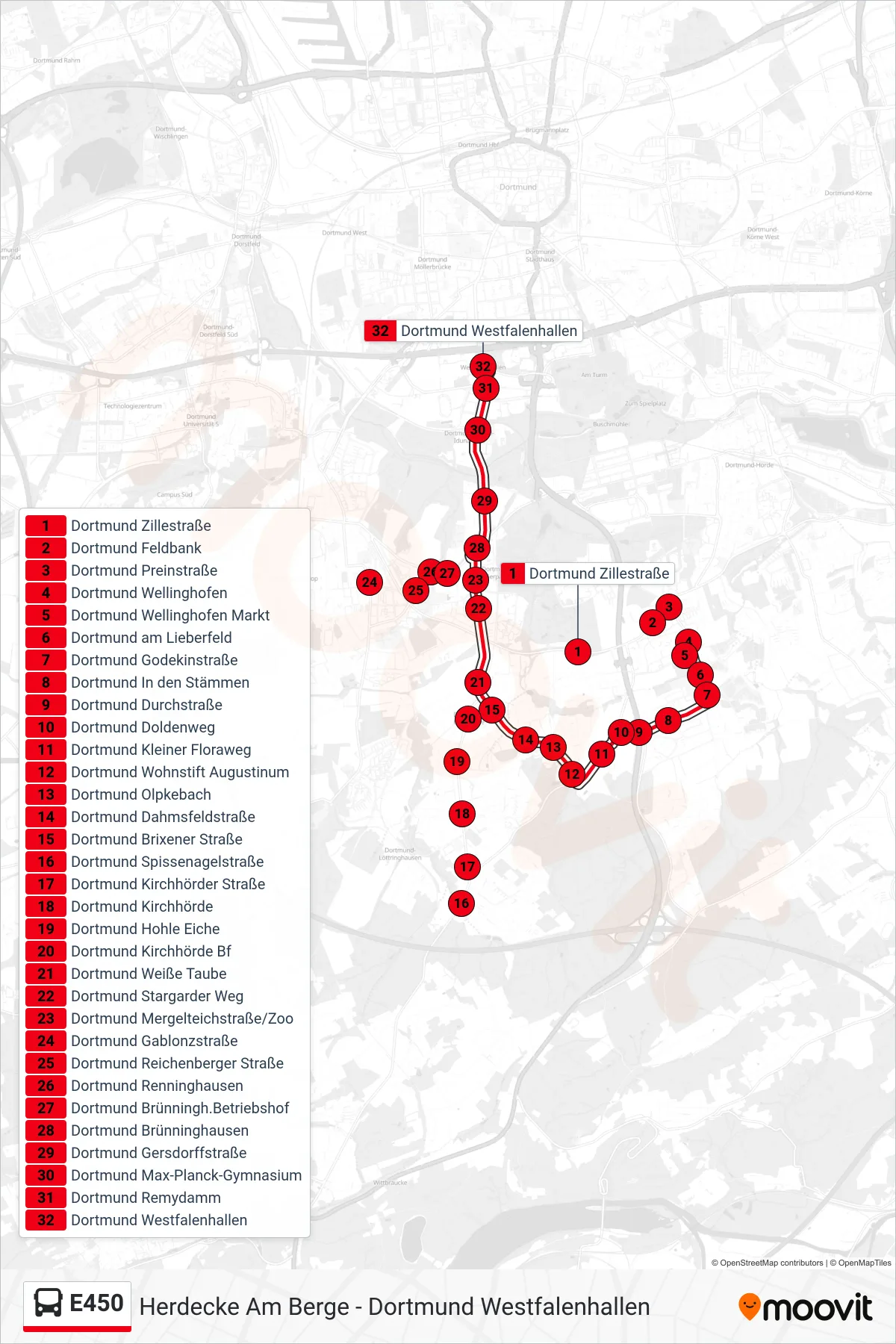 E450 bus Line (Dortmund Westfalenhallen) route and stops on a map