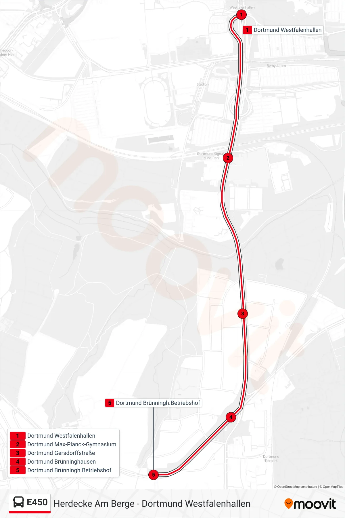 Linie E450 (Bus) Richtung Dortmund Brünningh.Betriebshof: Route und Haltestellen auf der Karte