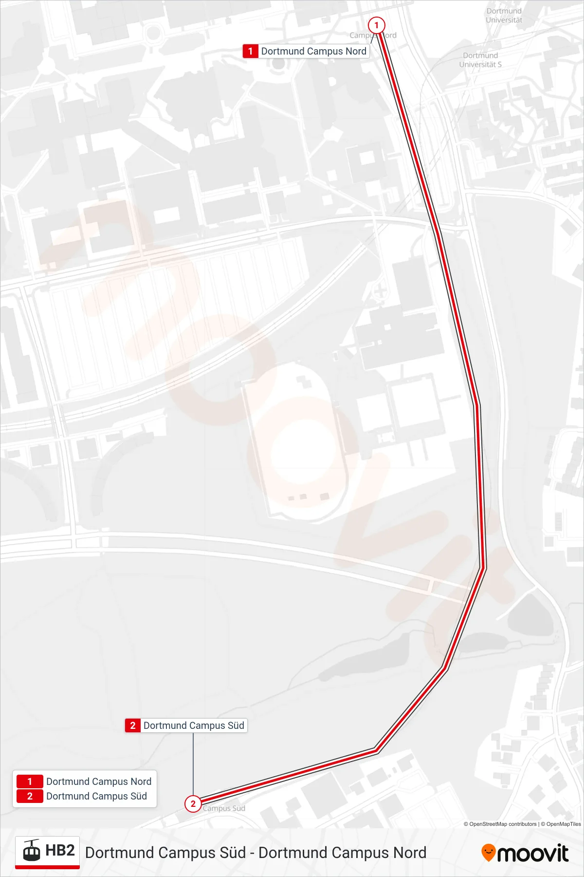 Linie HB2 (Gondel / Schwebebahn) Richtung Dortmund Campus Süd: Route und Haltestellen auf der Karte