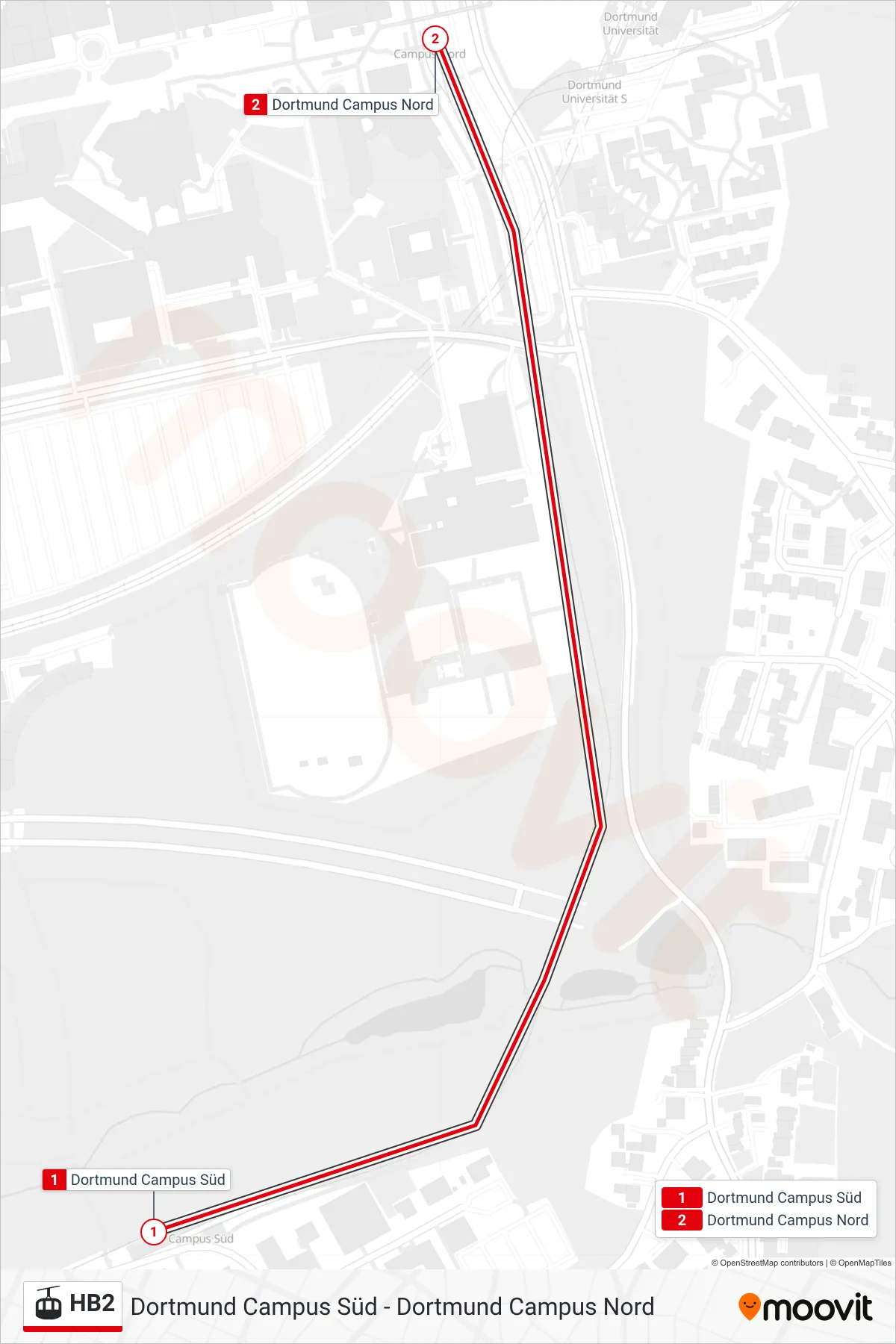Linie HB2 (Gondel / Schwebebahn) Richtung Dortmund Campus Nord: Route und Haltestellen auf der Karte