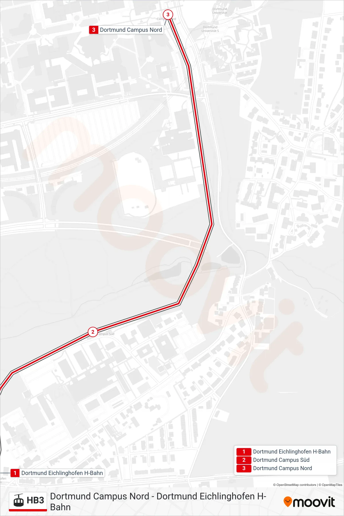 Linie HB3 (Gondel / Schwebebahn) Richtung Dortmund Campus Nord: Route und Haltestellen auf der Karte