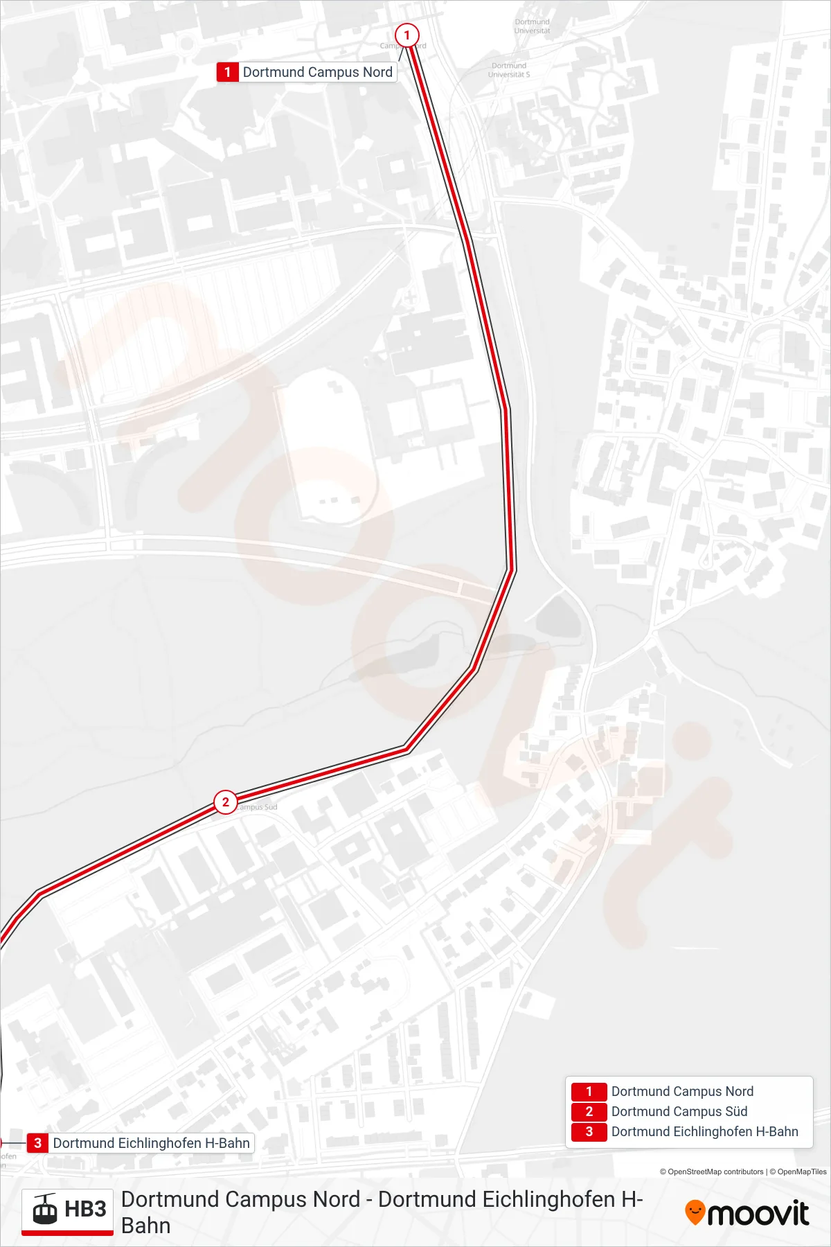Linie HB3 (Gondel / Schwebebahn) Richtung Dortmund Eichlinghofen H-Bahn: Route und Haltestellen auf der Karte