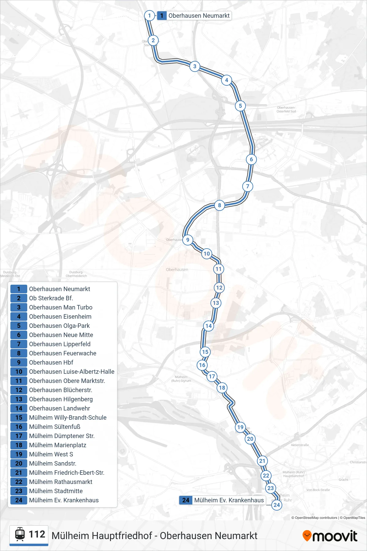 112 light rail Line (Mülheim Ev. Krankenhaus) route and stops on a map