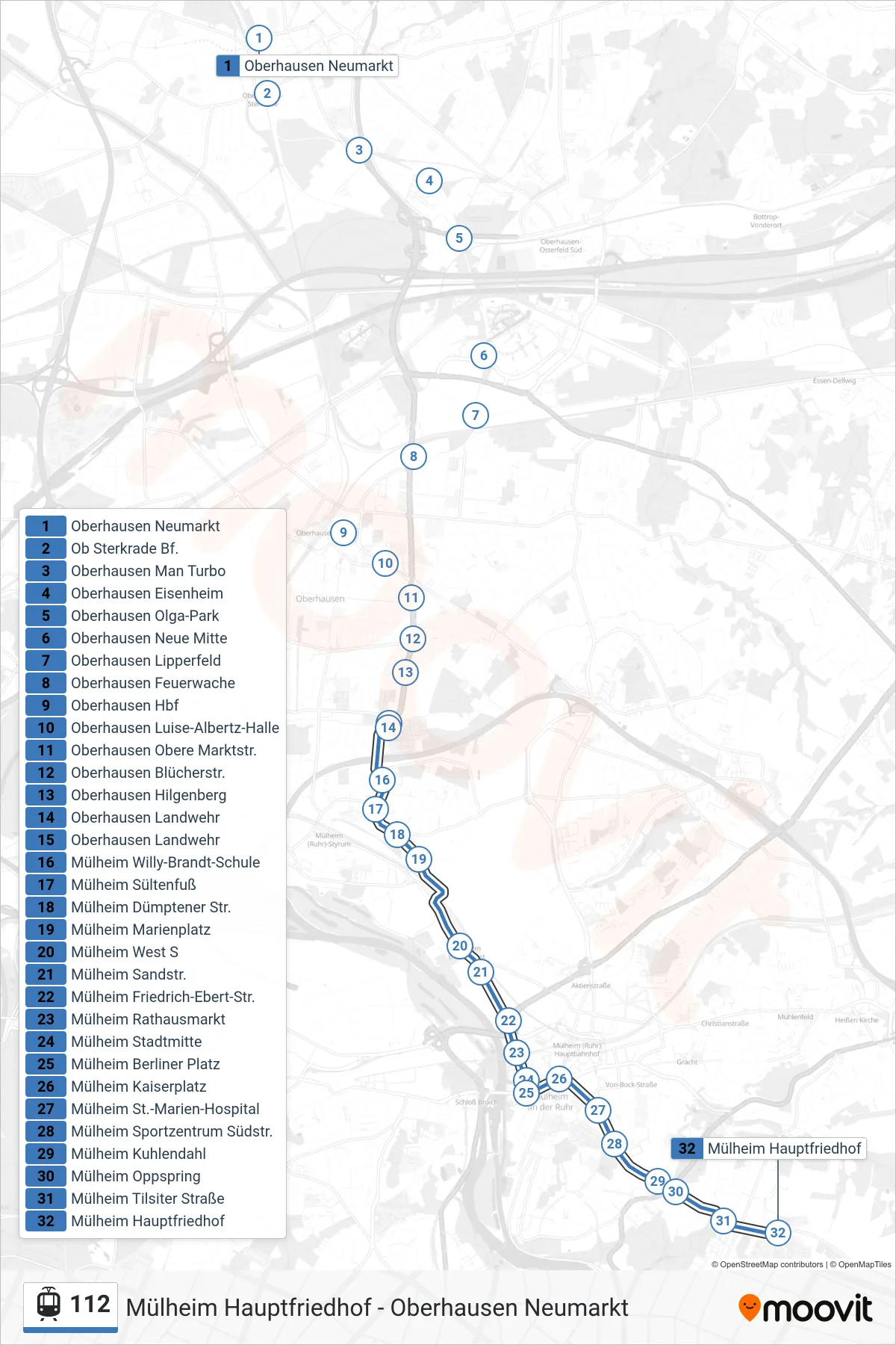 112 light rail Line (Mülheim Hauptfriedhof) route and stops on a map