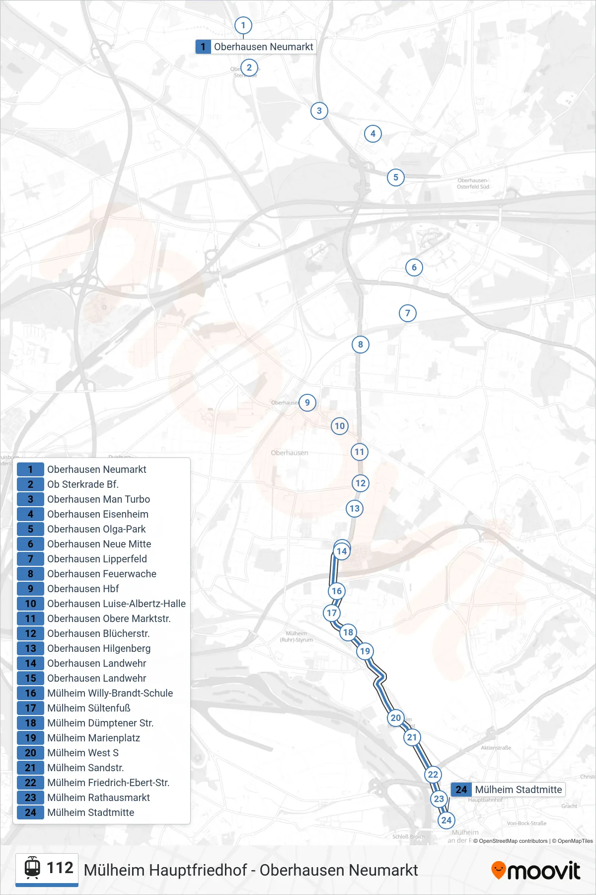 112 tram Line (Mülheim Stadtmitte) route and stops on a map