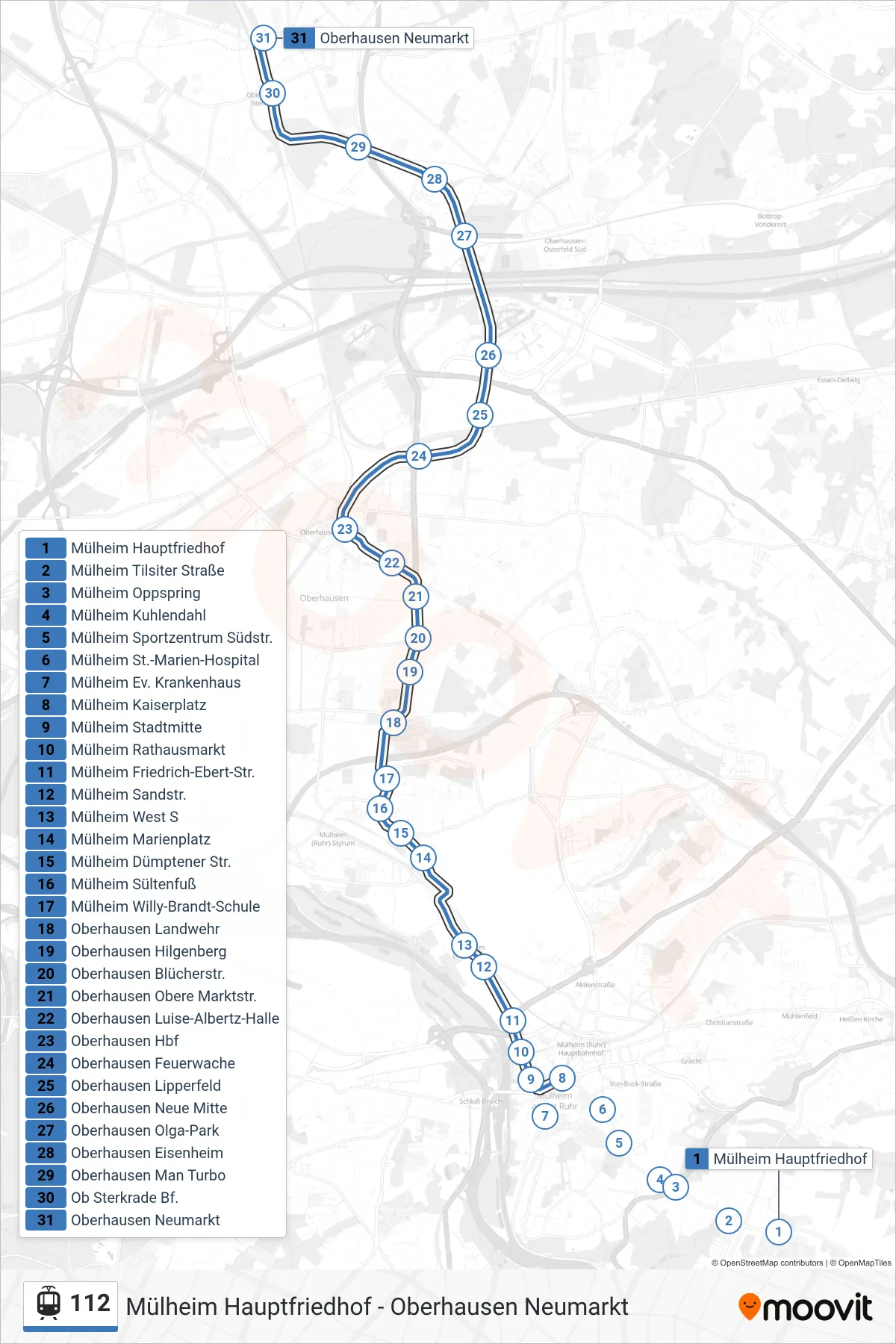 Linie 112 (Tram) Richtung Oberhausen Neumarkt: Route und Haltestellen auf der Karte
