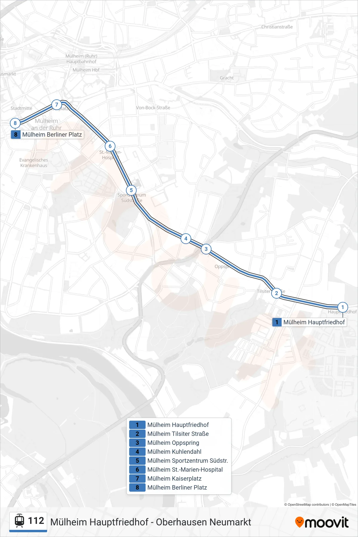 Linie 112 (Straßenbahn) Richtung Mülheim Berliner Platz: Route und Haltestellen auf der Karte