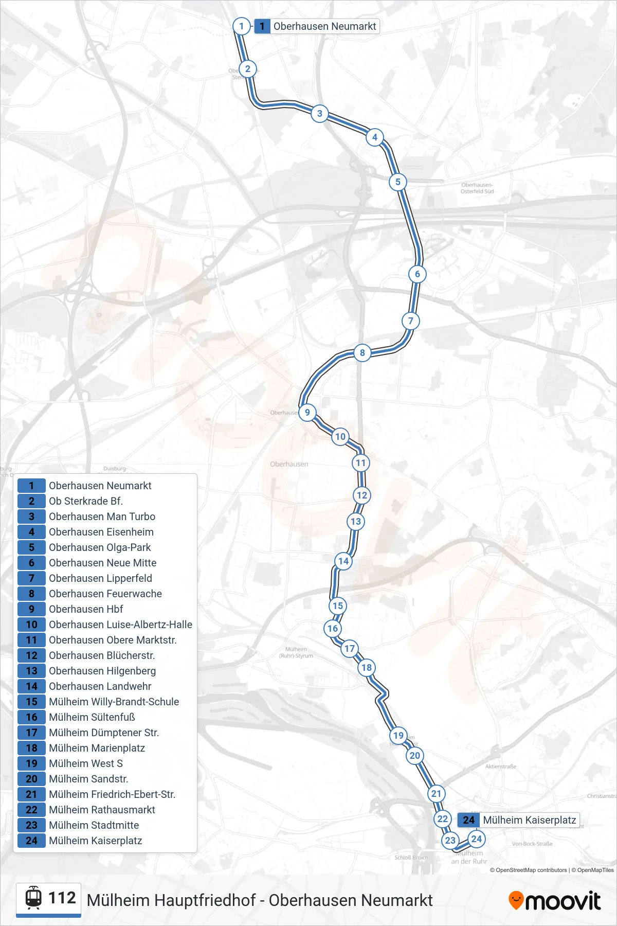 112 light rail Line (Mülheim Kaiserplatz) route and stops on a map
