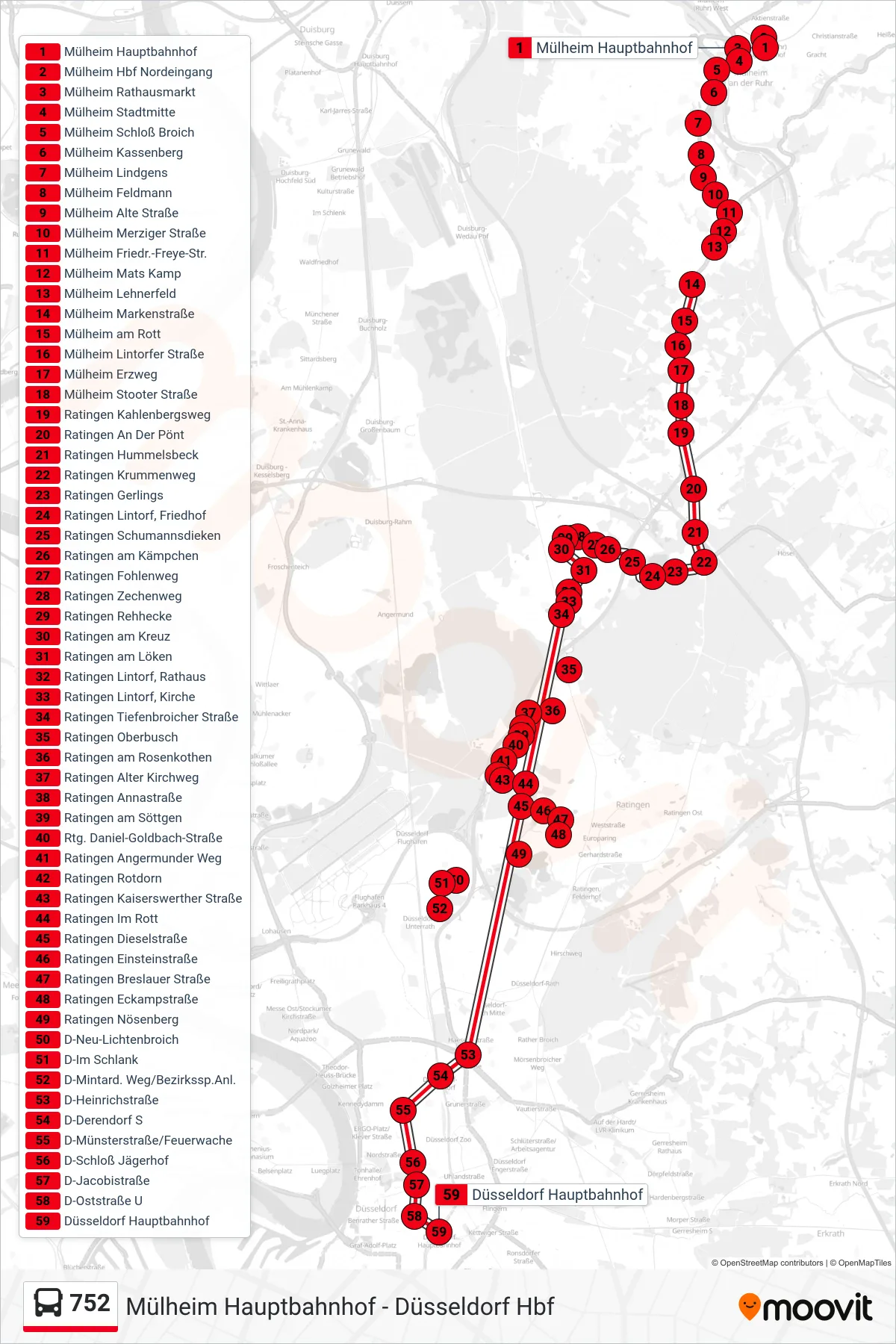 Linie 752 (Bus) Richtung Düsseldorf Hbf: Route und Haltestellen auf der Karte