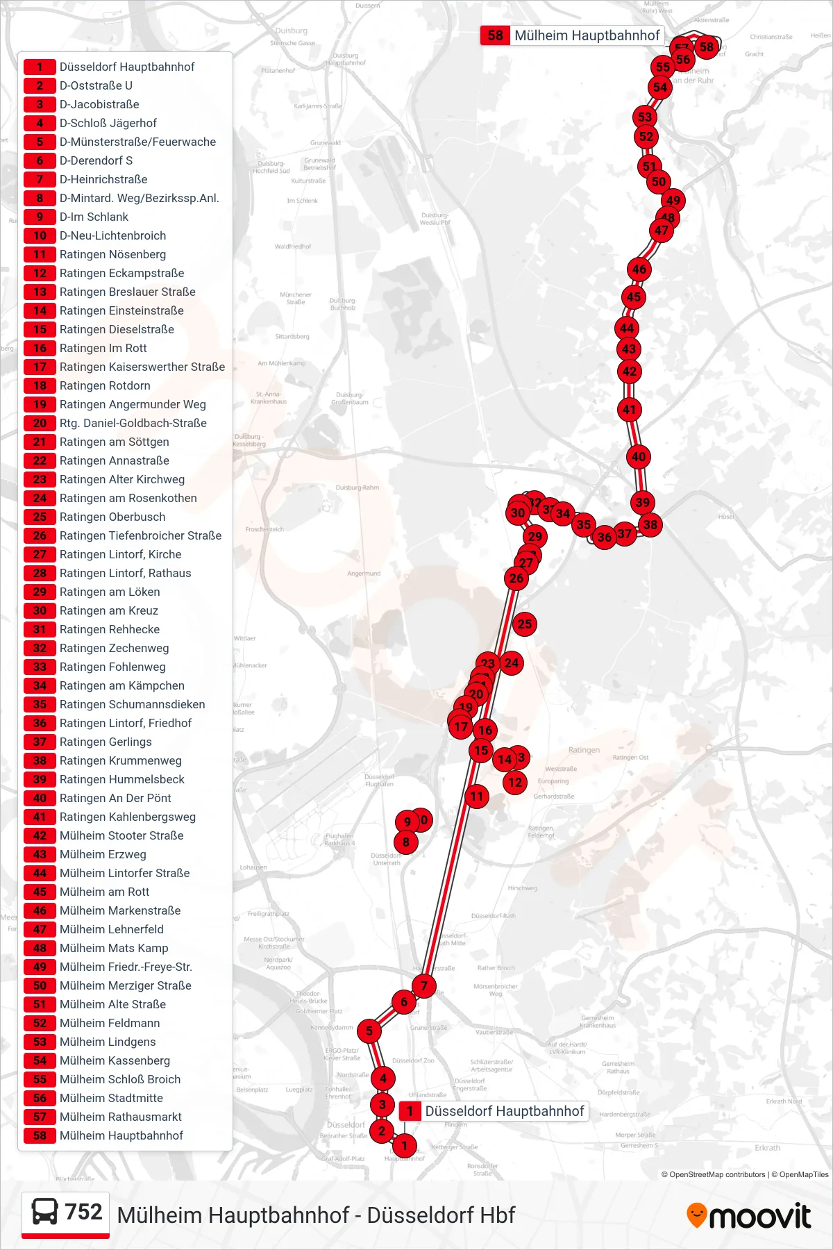 Linie 752 (Bus) Richtung Mülheim Hauptbahnhof: Route und Haltestellen auf der Karte