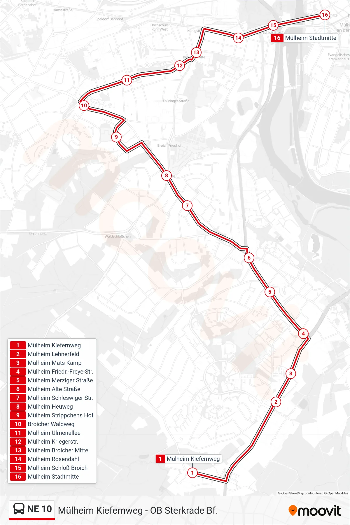 Linie NE 10 (Bus) Richtung Mülheim Stadtmitte: Route und Haltestellen auf der Karte