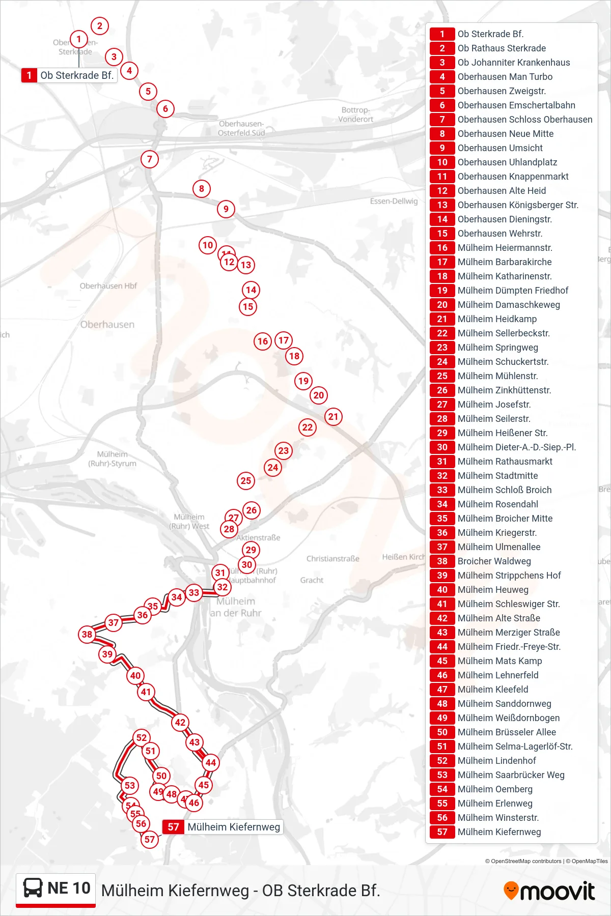 NE 10 bus Line (Mülheim Kiefernweg) route and stops on a map