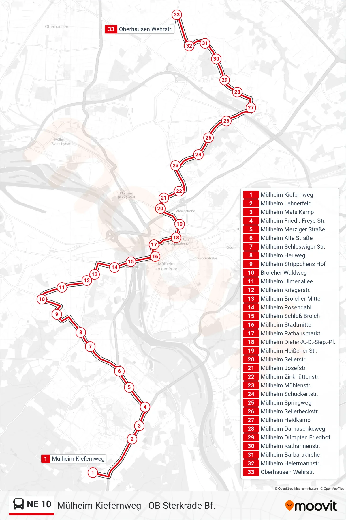 NE 10 bus Line (Oberhausen Wehrstr.) route and stops on a map