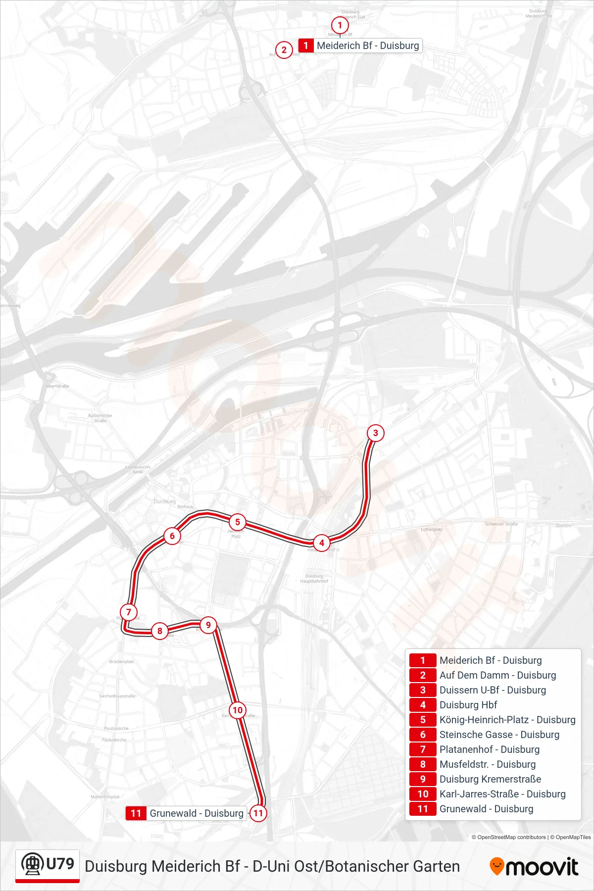 U79 subway Line (Duisburg Grunewald) route and stops on a map