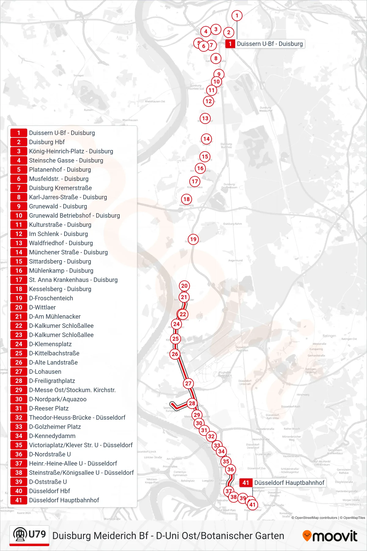 Linie U79 (U-Bahn) Richtung Düsseldorf Hbf: Route und Haltestellen auf der Karte