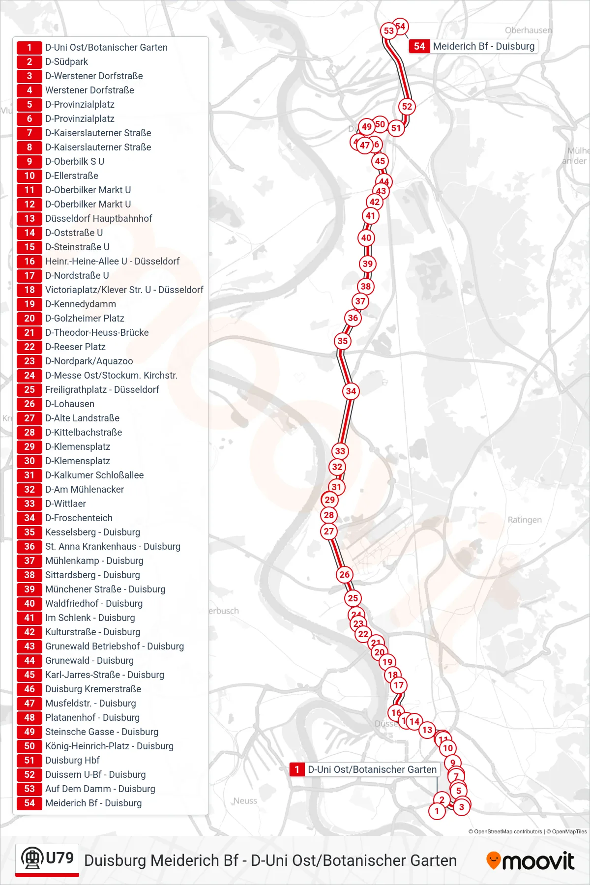 Linie U79 (U-Bahn) Richtung Duisburg Meiderich Bf: Route und Haltestellen auf der Karte