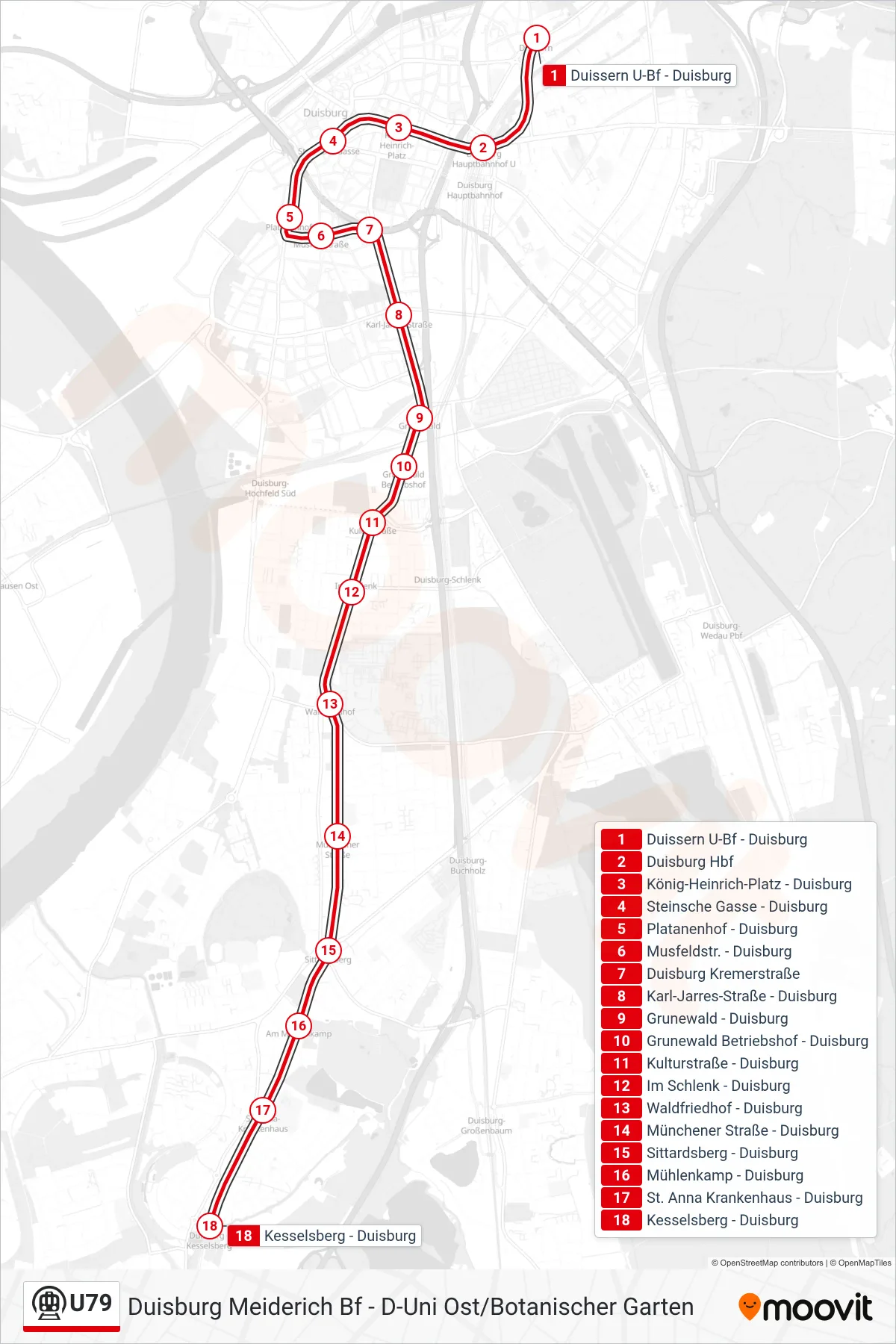 Linie U79 (U-Bahn) Richtung Duisburg Kesselsberg: Route und Haltestellen auf der Karte