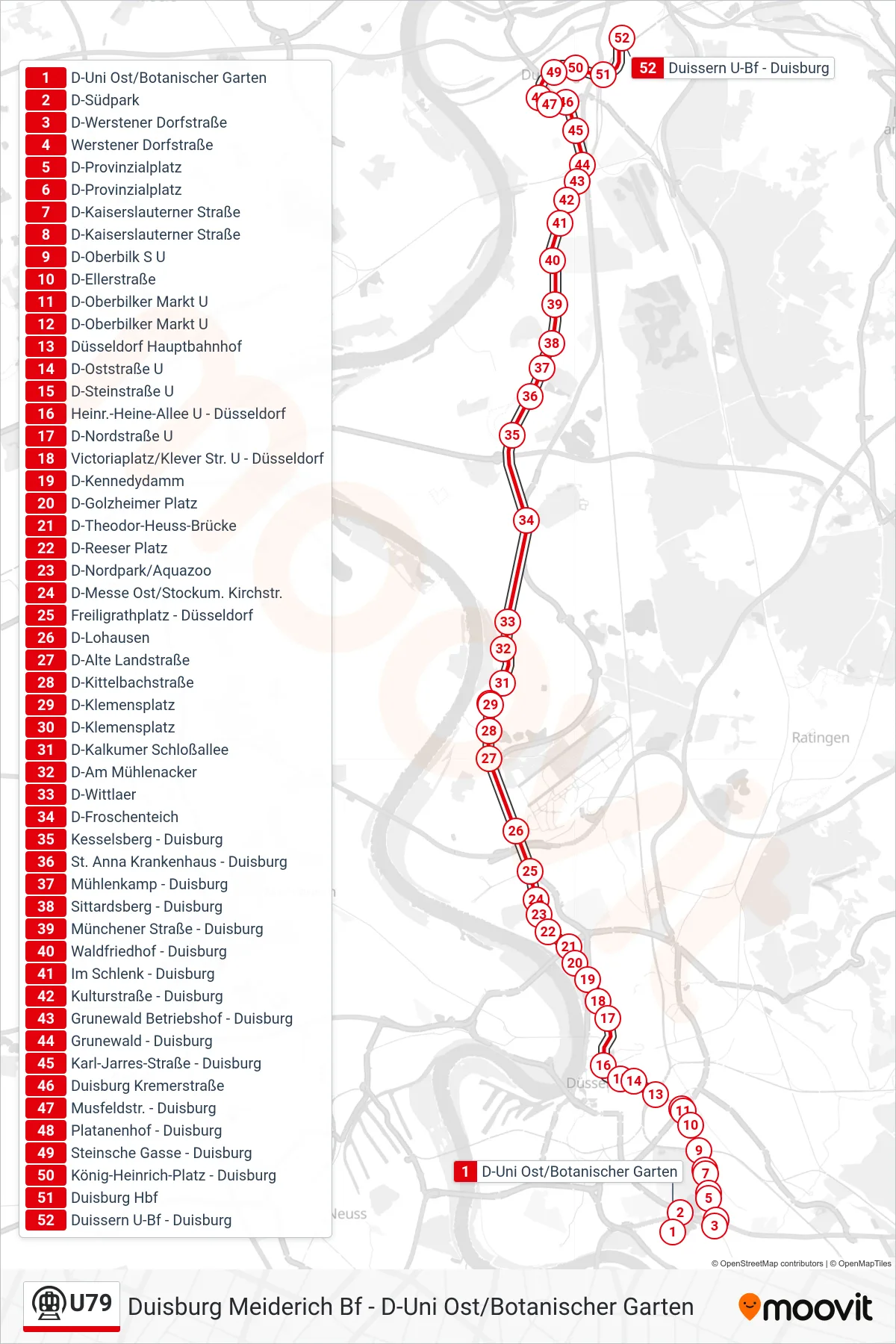 Linie U79 (U-Bahn) Richtung Duisburg Duissern U-Bf: Route und Haltestellen auf der Karte
