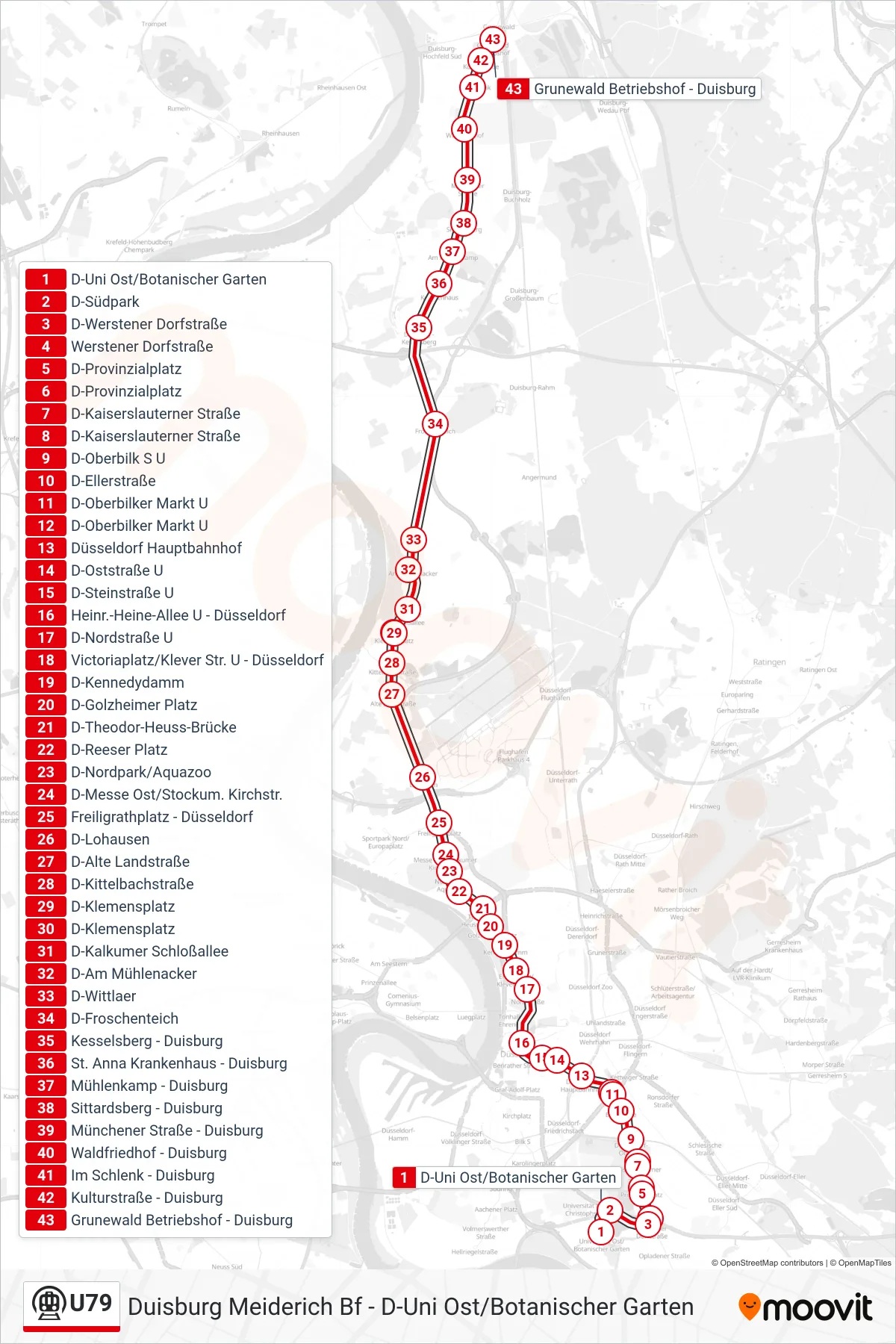 U79 subway Line (Duisburg Grunewald Betriebshof) route and stops on a map