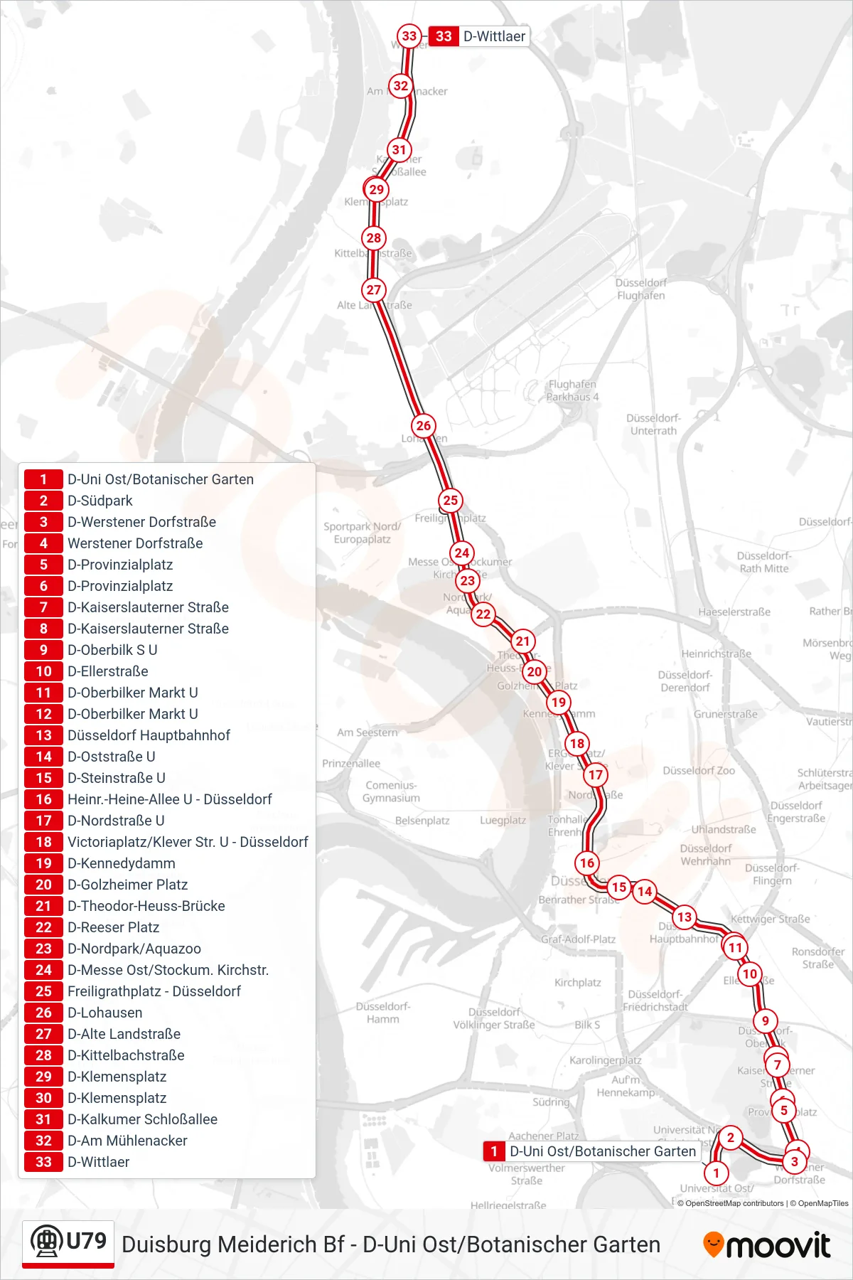 U79 subway Line (D-Wittlaer) route and stops on a map