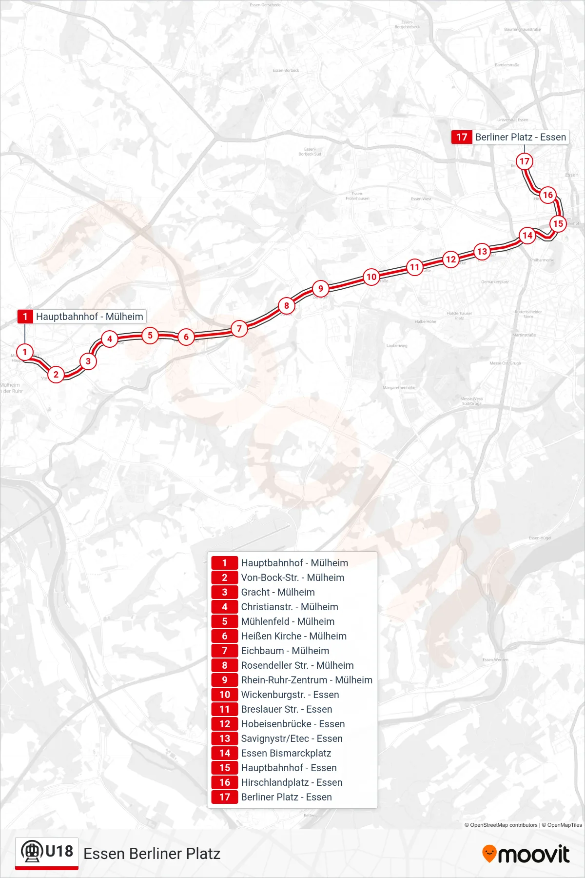 Linie U18 (U-Bahn) Richtung Essen Berliner Platz: Route und Haltestellen auf der Karte
