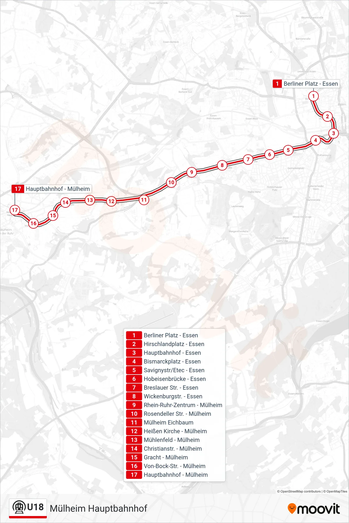 Linie U18 (U-Bahn) Richtung Mülheim Hauptbahnhof: Route und Haltestellen auf der Karte