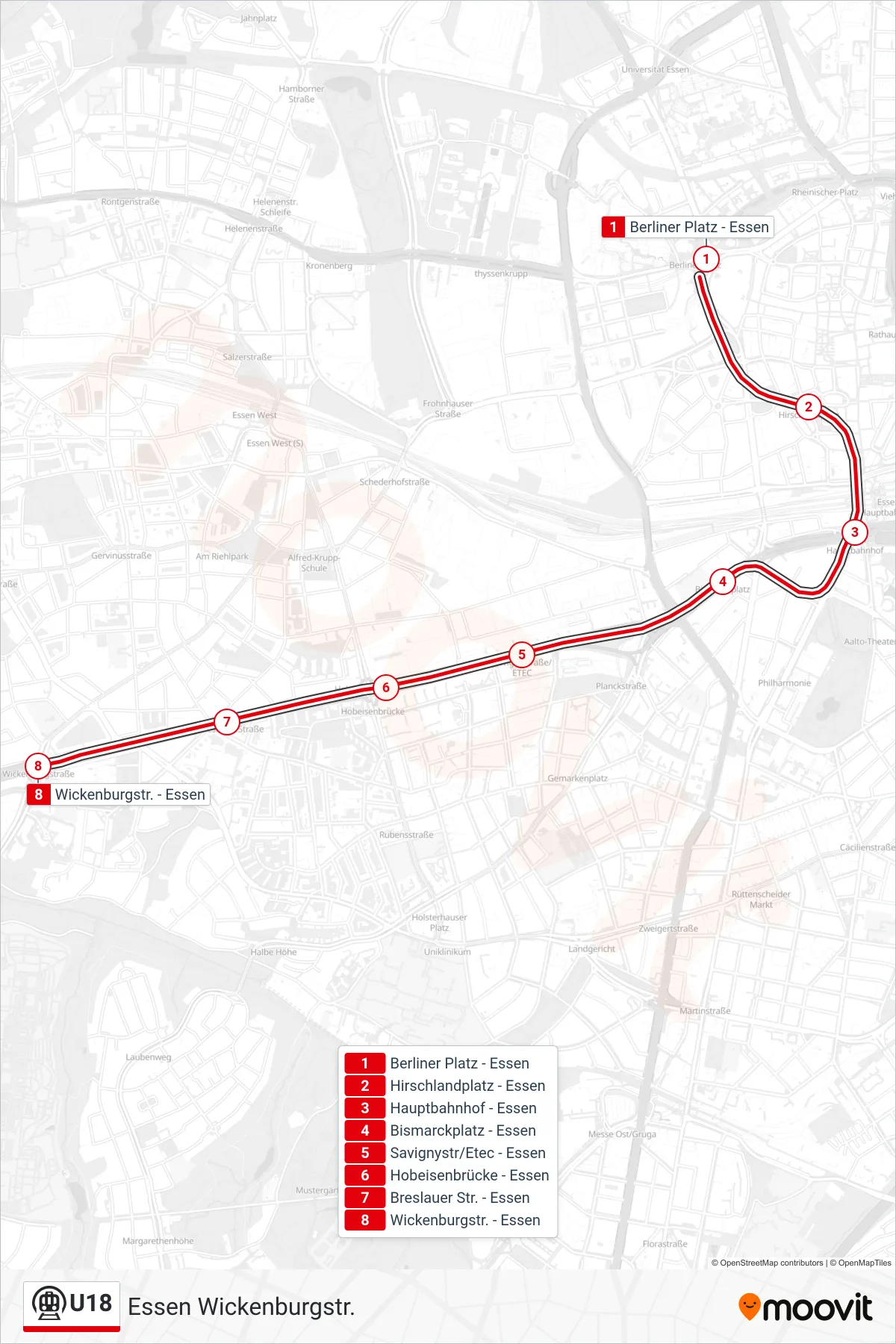 U18 subway Line (Essen Wickenburgstr.) route and stops on a map