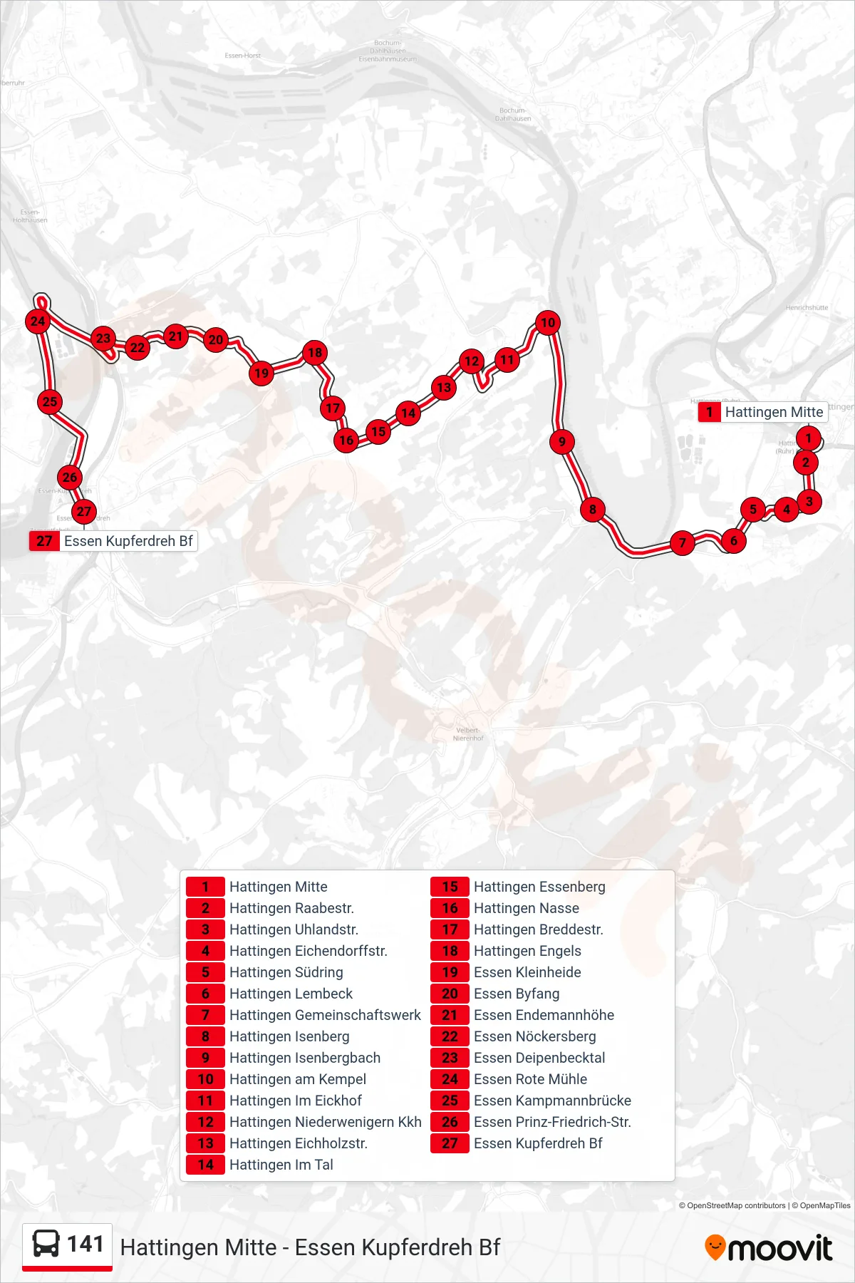 Linie 141 (Bus) Richtung Essen Kupferdreh Bf: Route und Haltestellen auf der Karte