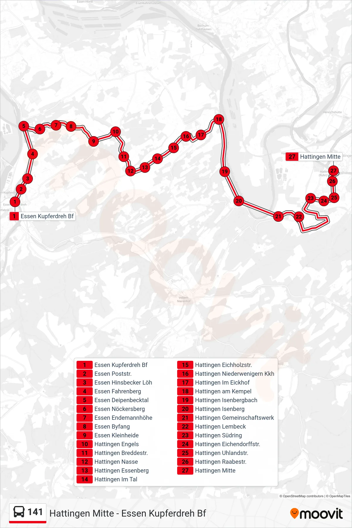 Linie 141 (Bus) Richtung Hattingen Mitte: Route und Haltestellen auf der Karte