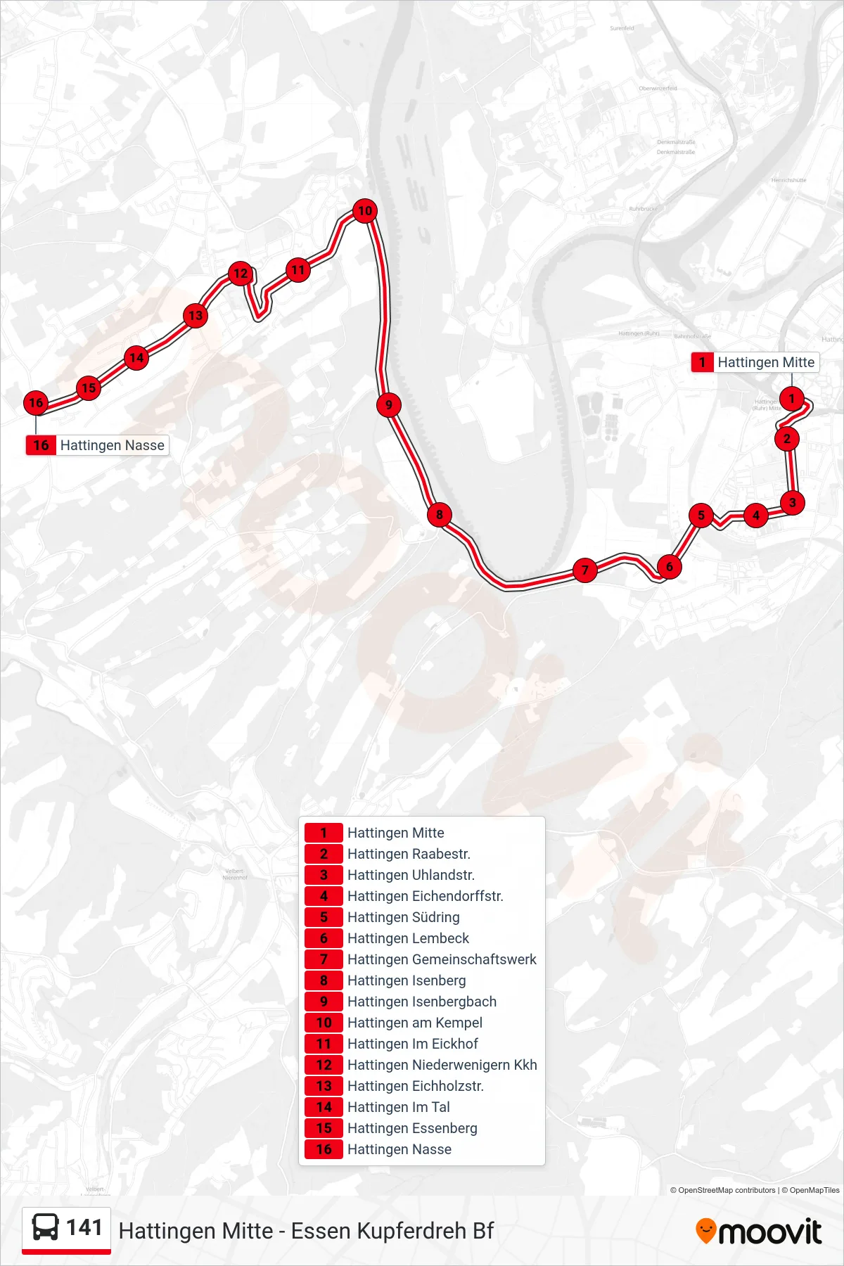 141 bus Line (Hattingen Nasse) route and stops on a map