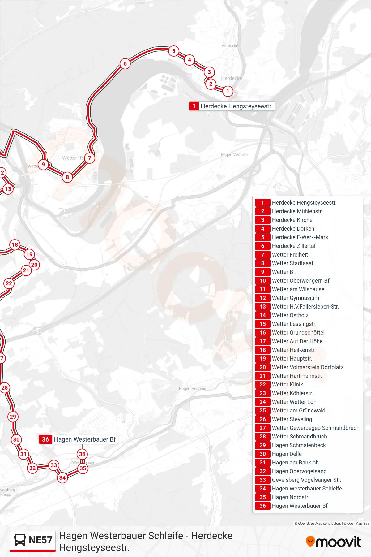 Linie NE57 (Bus) Richtung Hagen Westerbauer Bf: Route und Haltestellen auf der Karte