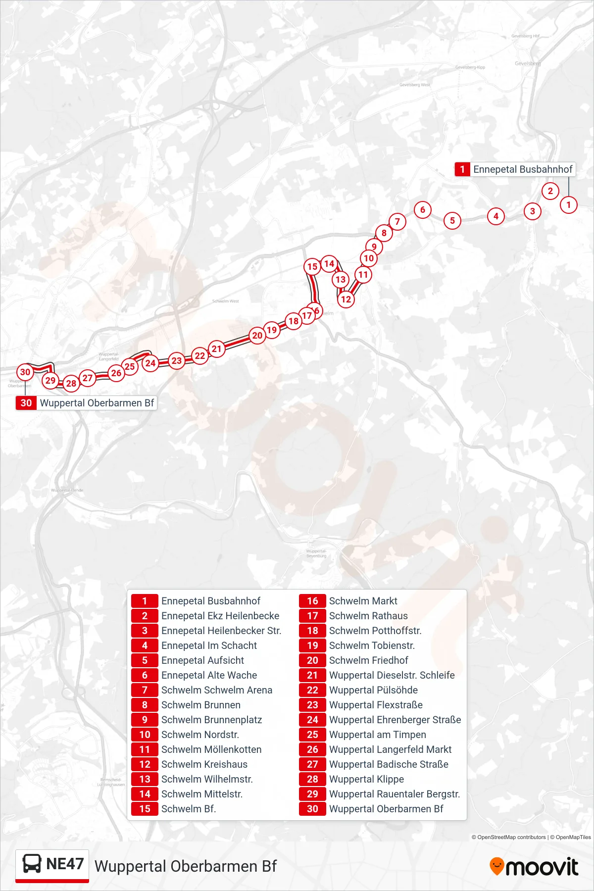 Linie NE47 (Bus) Richtung Wuppertal Oberbarmen Bf: Route und Haltestellen auf der Karte