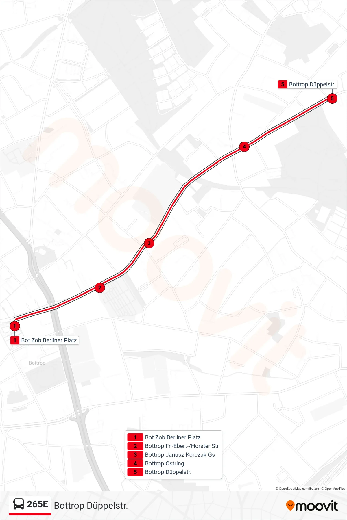 Linie 265E (Bus) Richtung Bottrop Düppelstr.: Route und Haltestellen auf der Karte