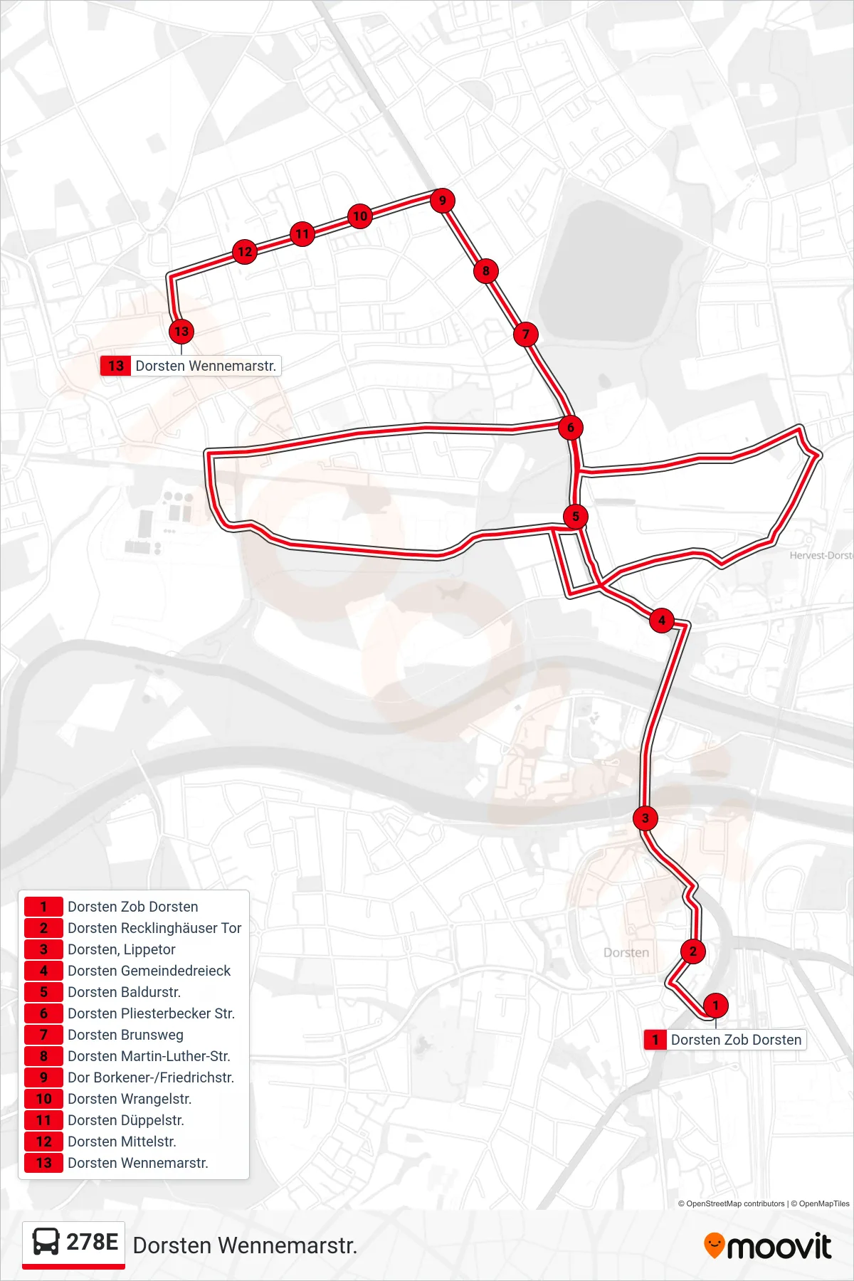 Linie 278E (Bus) Richtung Dorsten Wennemarstr.: Route und Haltestellen auf der Karte