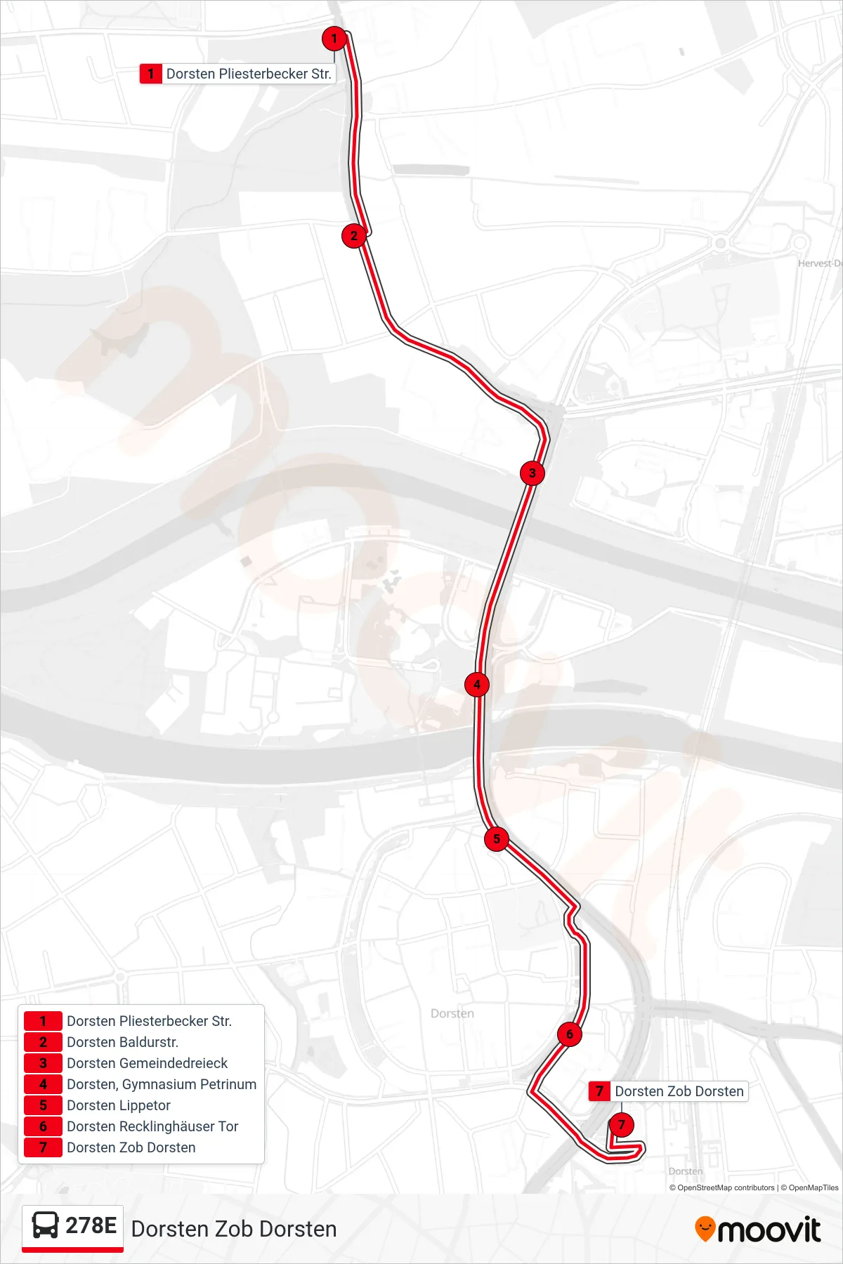Linie 278E (Bus) Richtung Dorsten Zob Dorsten: Route und Haltestellen auf der Karte