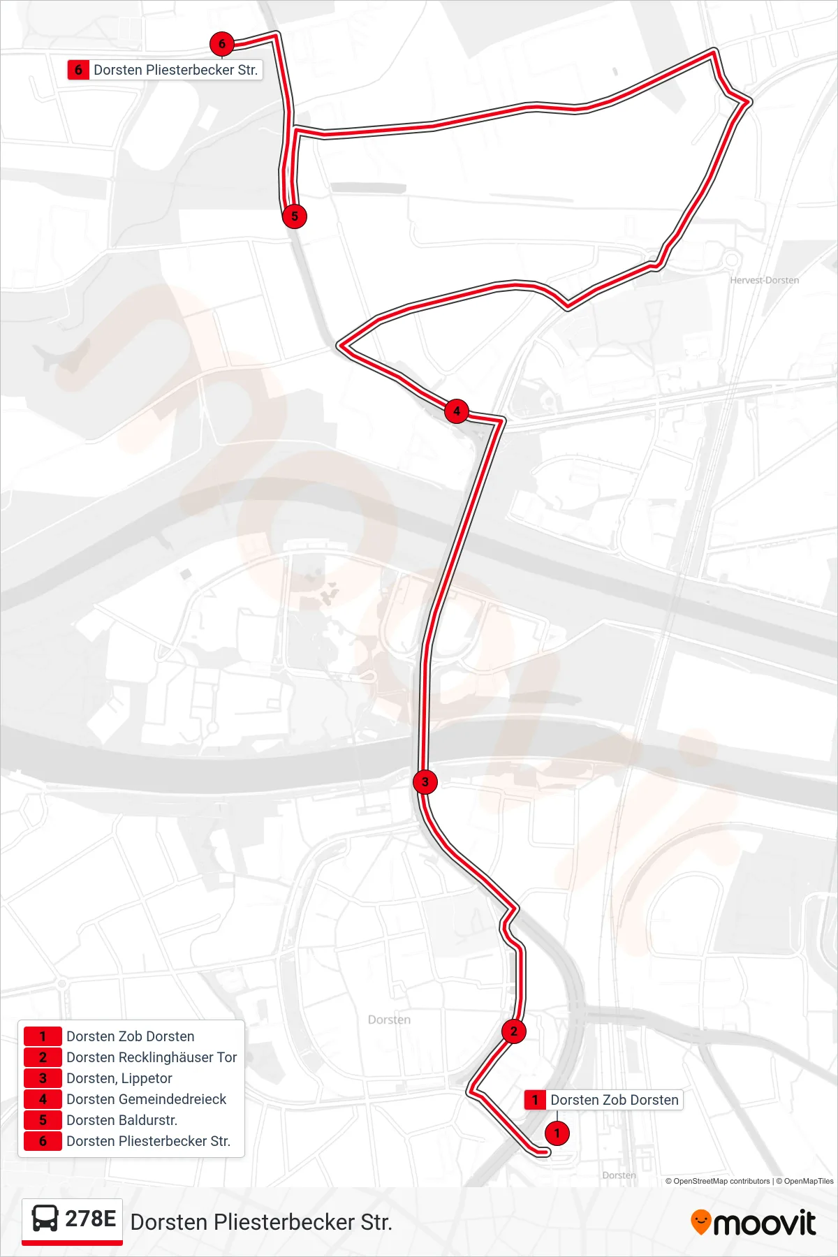 Linie 278E (Bus) Richtung Dorsten Pliesterbecker Str.: Route und Haltestellen auf der Karte