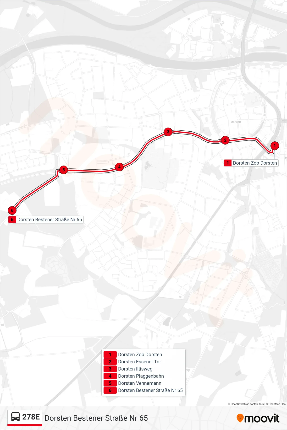 Linie 278E (Bus) Richtung Dorsten Bestener Straße Nr 65: Route und Haltestellen auf der Karte