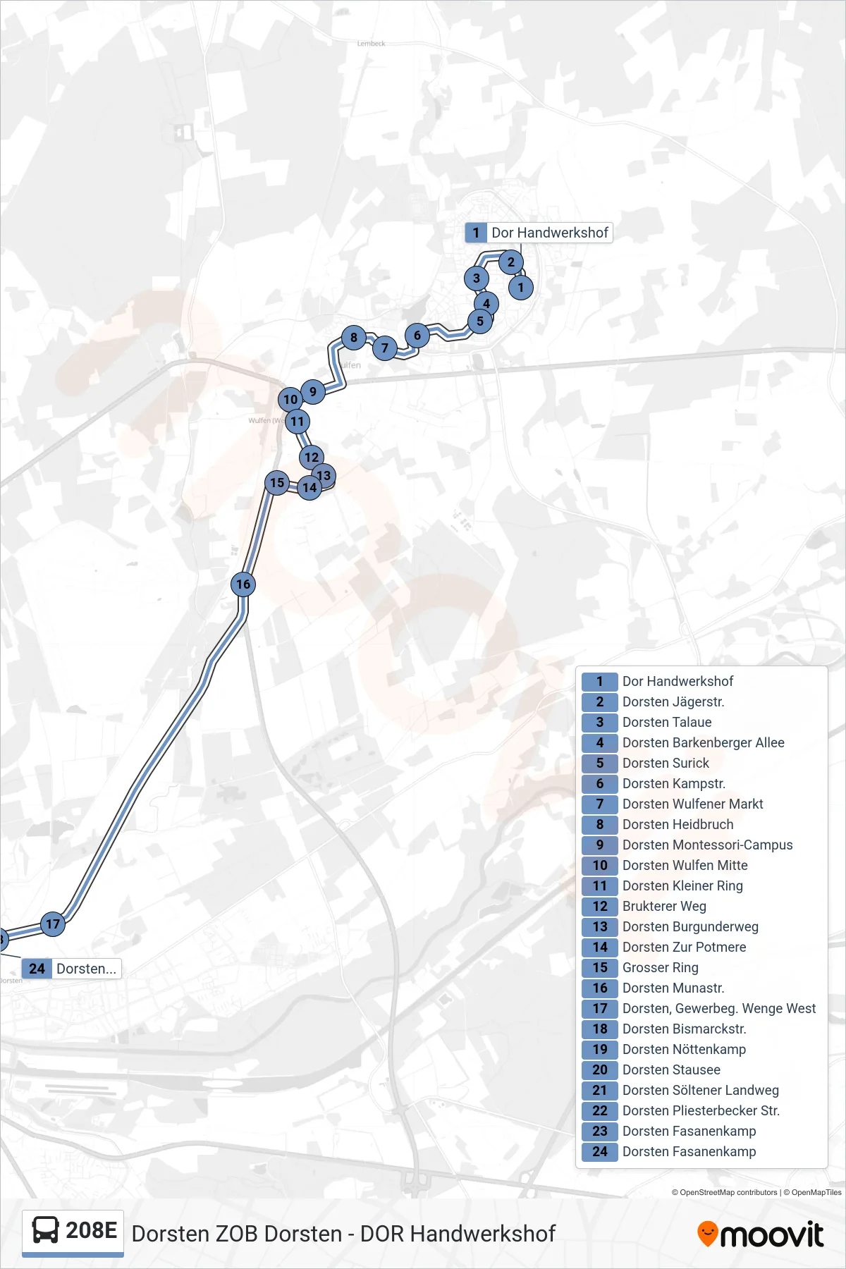 Linie 208E (Bus) Richtung Dorsten Fasanenkamp: Route und Haltestellen auf der Karte