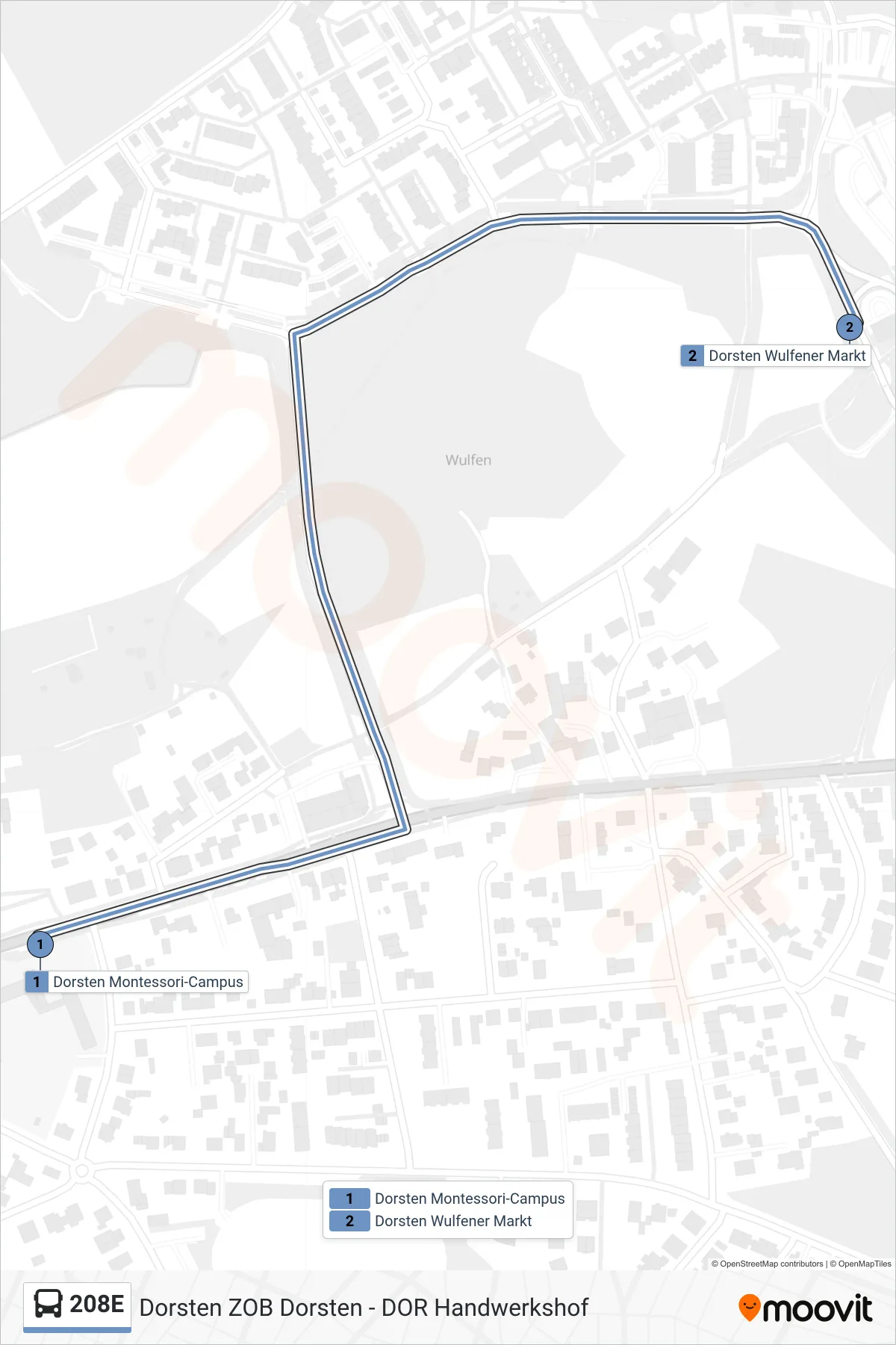 208E bus Line (Dorsten Wulfener Markt) route and stops on a map