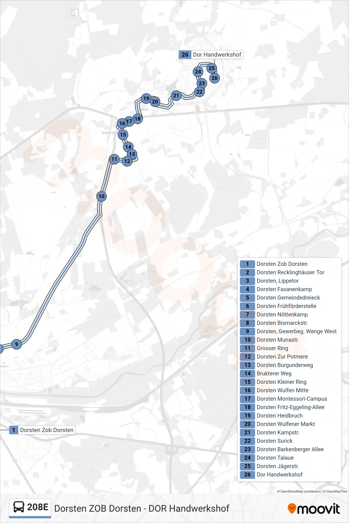 Linie 208E (Bus) Richtung Dor Handwerkshof: Route und Haltestellen auf der Karte