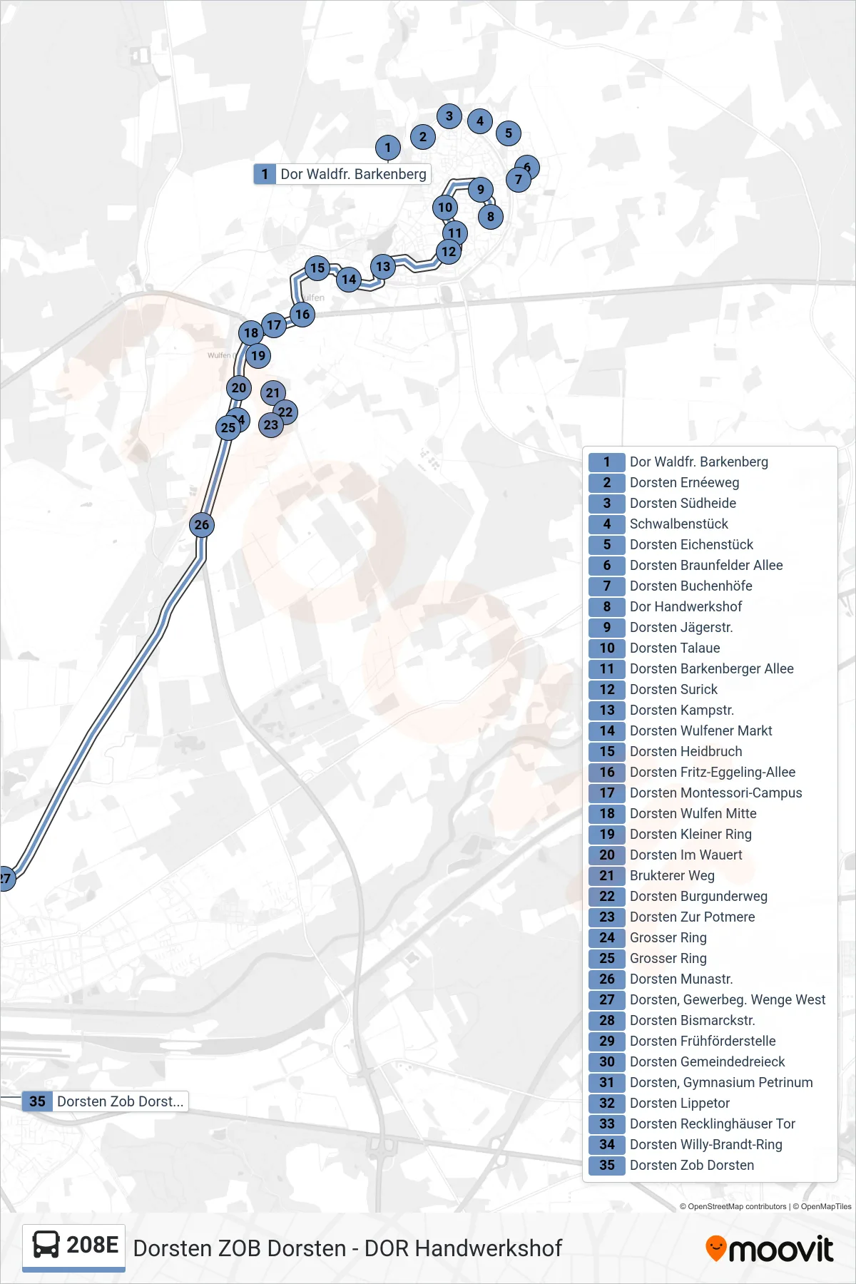 208E bus Line (Dorsten Zob Dorsten) route and stops on a map