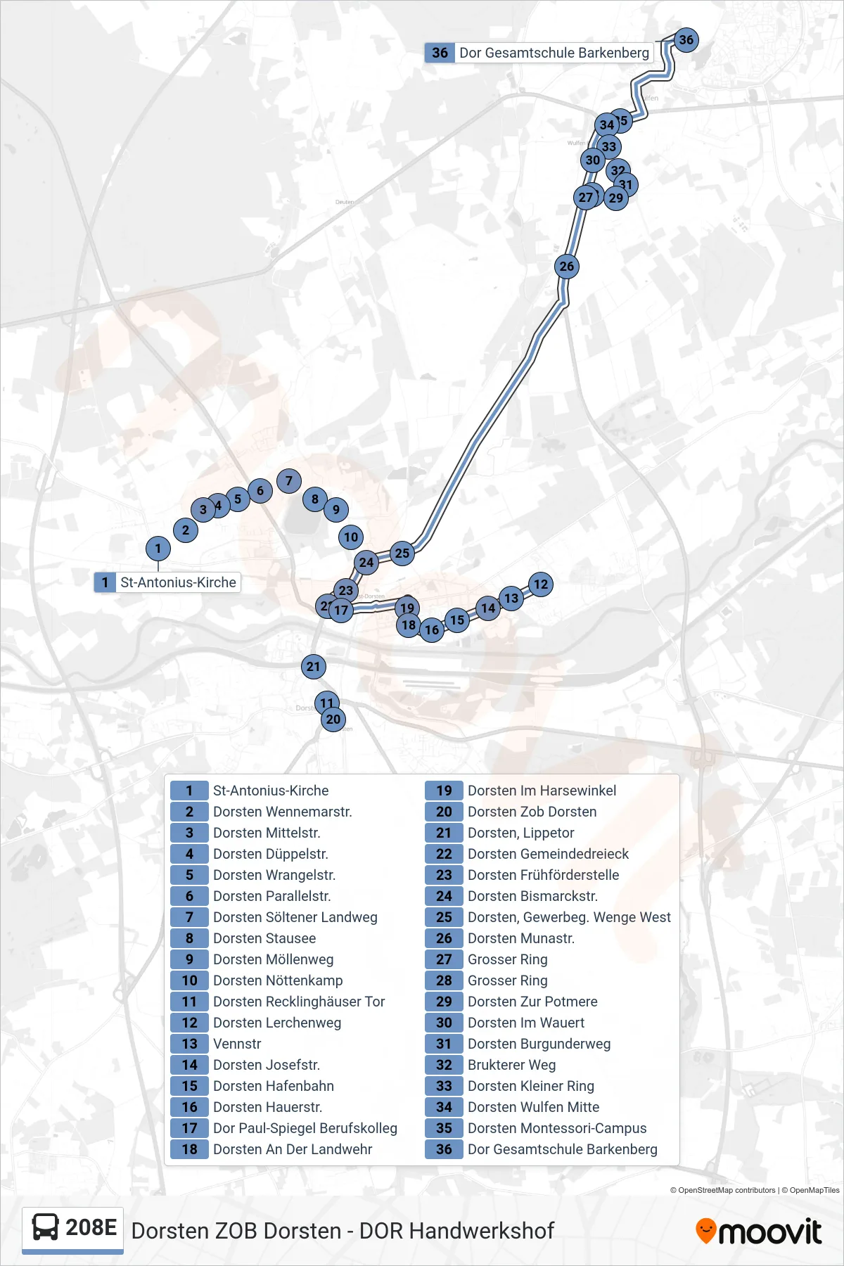 Linie 208E (Bus) Richtung Dor Gesamtschule Barkenberg: Route und Haltestellen auf der Karte