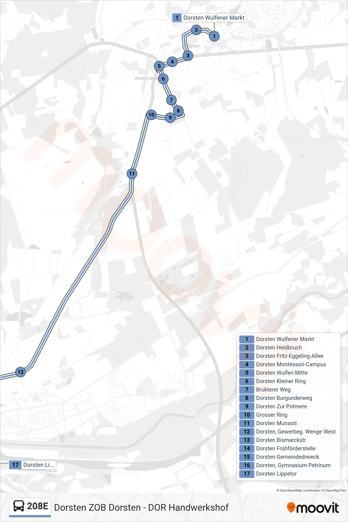 Linie 208E (Bus) Richtung Dorsten Lippetor: Route und Haltestellen auf der Karte