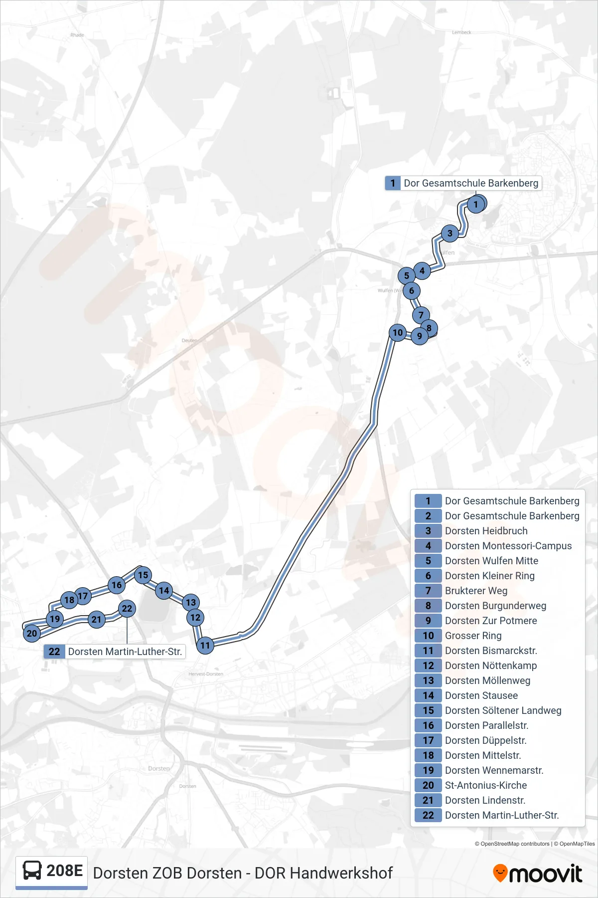 208E bus Line (Dorsten Martin-Luther-Str.) route and stops on a map